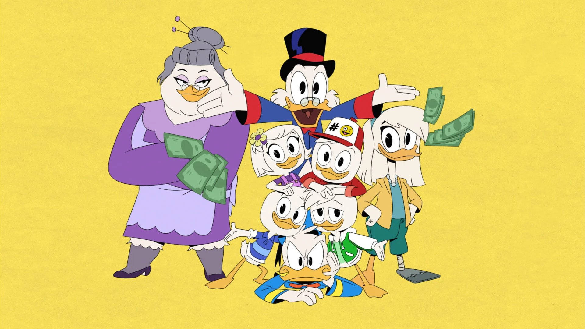 DuckTales 2017, cartoon family of ducks, stacks of money, Full HD Desktop Wallpaper