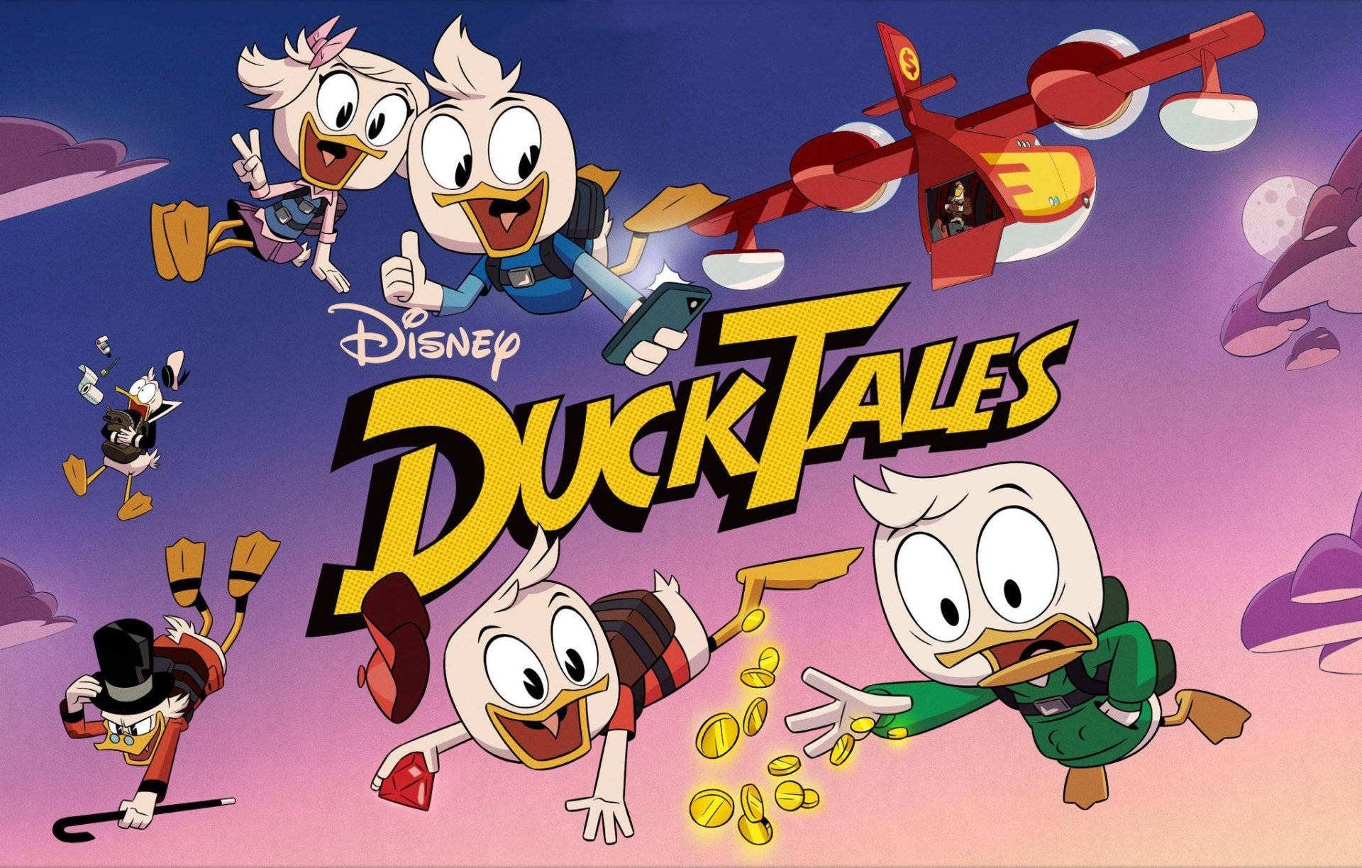 DuckTales, red airplane, gold coins, Full HD Desktop Wallpaper