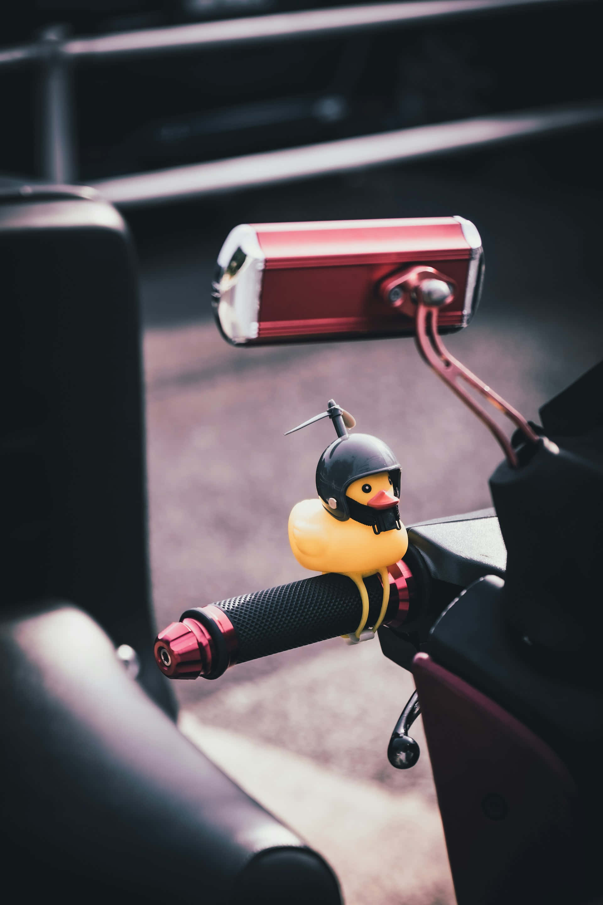 rubber ducky, black helmet, red and black motorcycle, 2K Phone Wallpaper