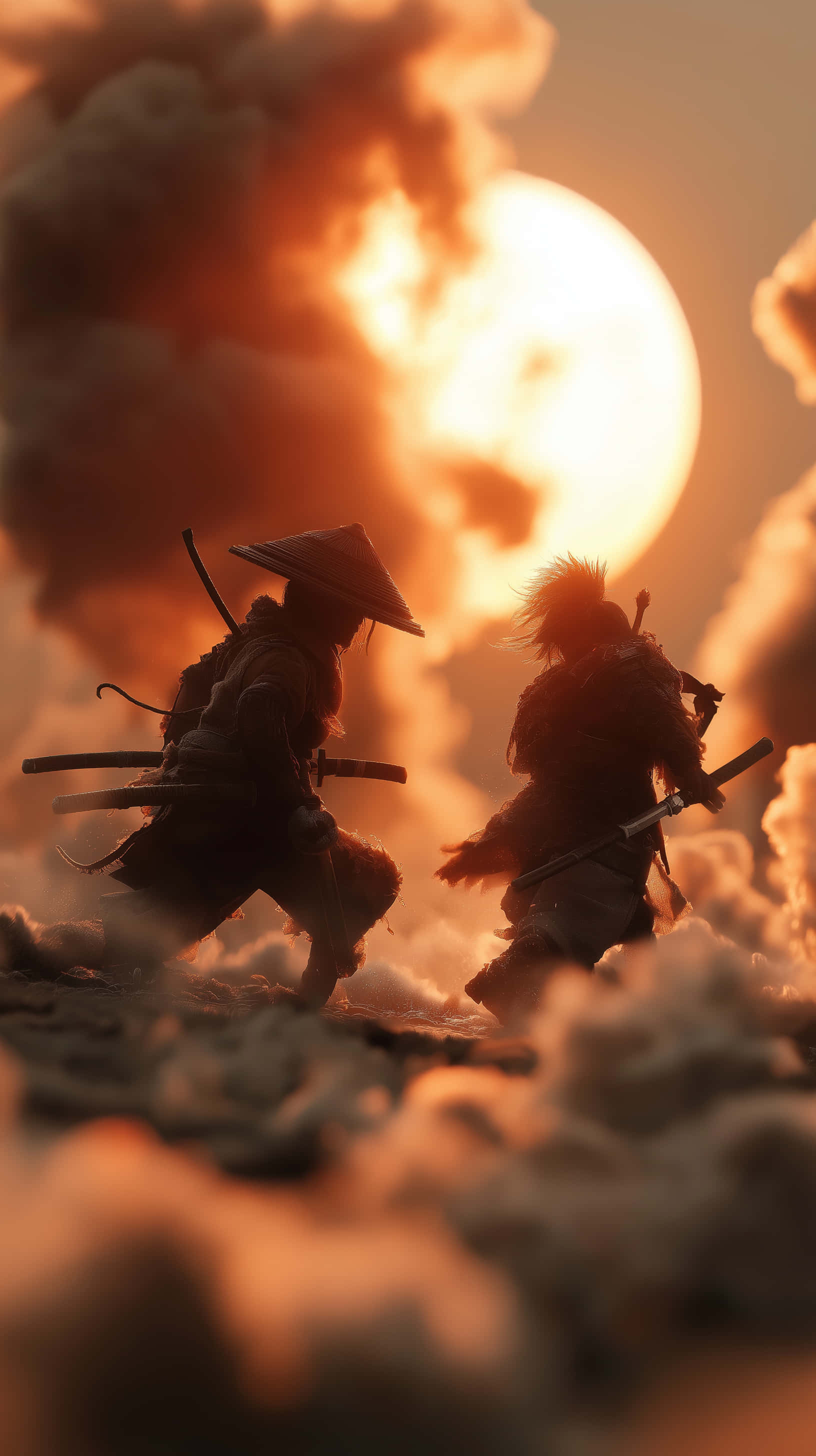 Desert Duel, samurai warriors, silhouette, 2K Phone Wallpaper
