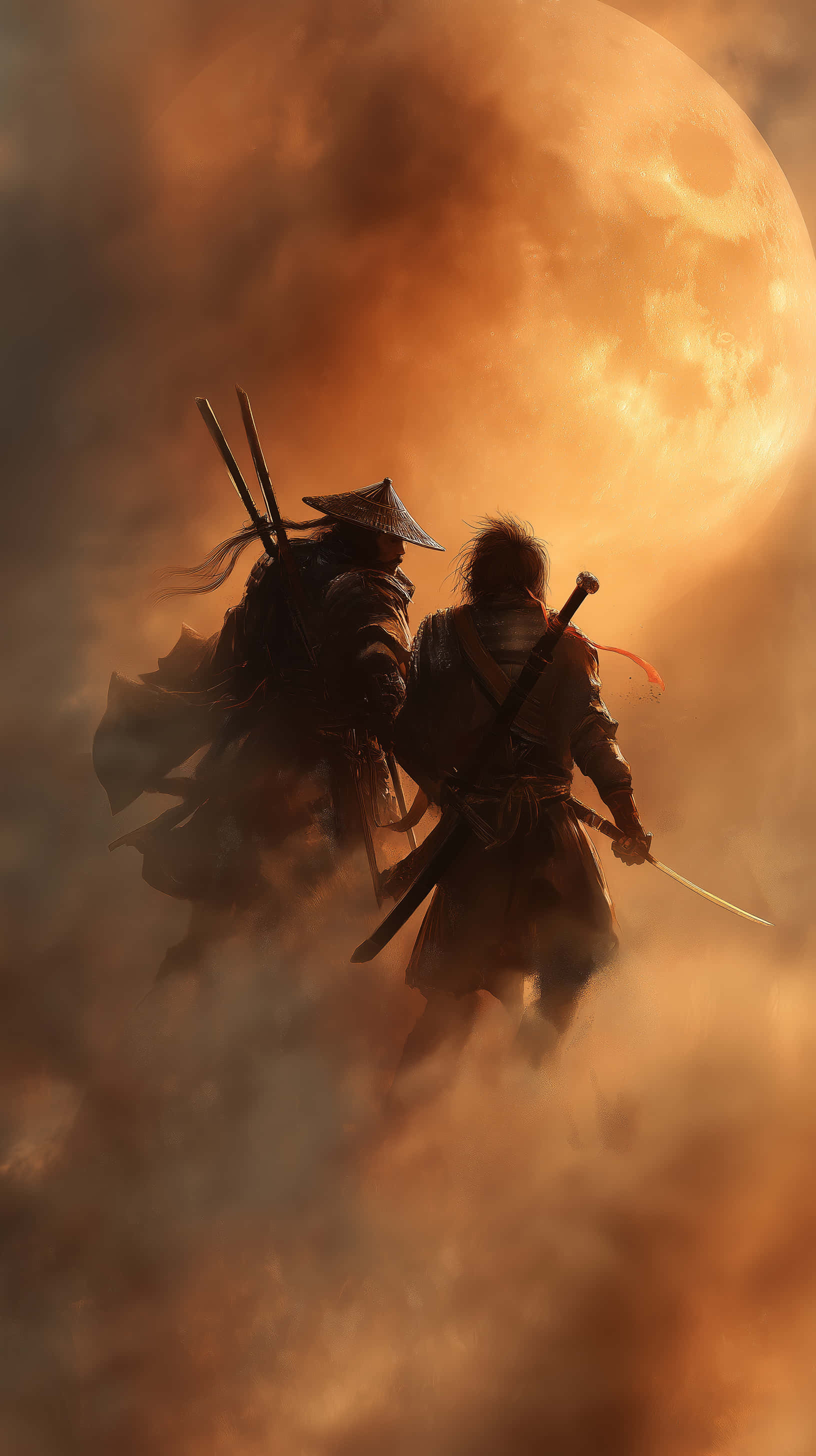 Desert Duel, samurai warriors, swirling orange mist, 2K Phone Wallpaper