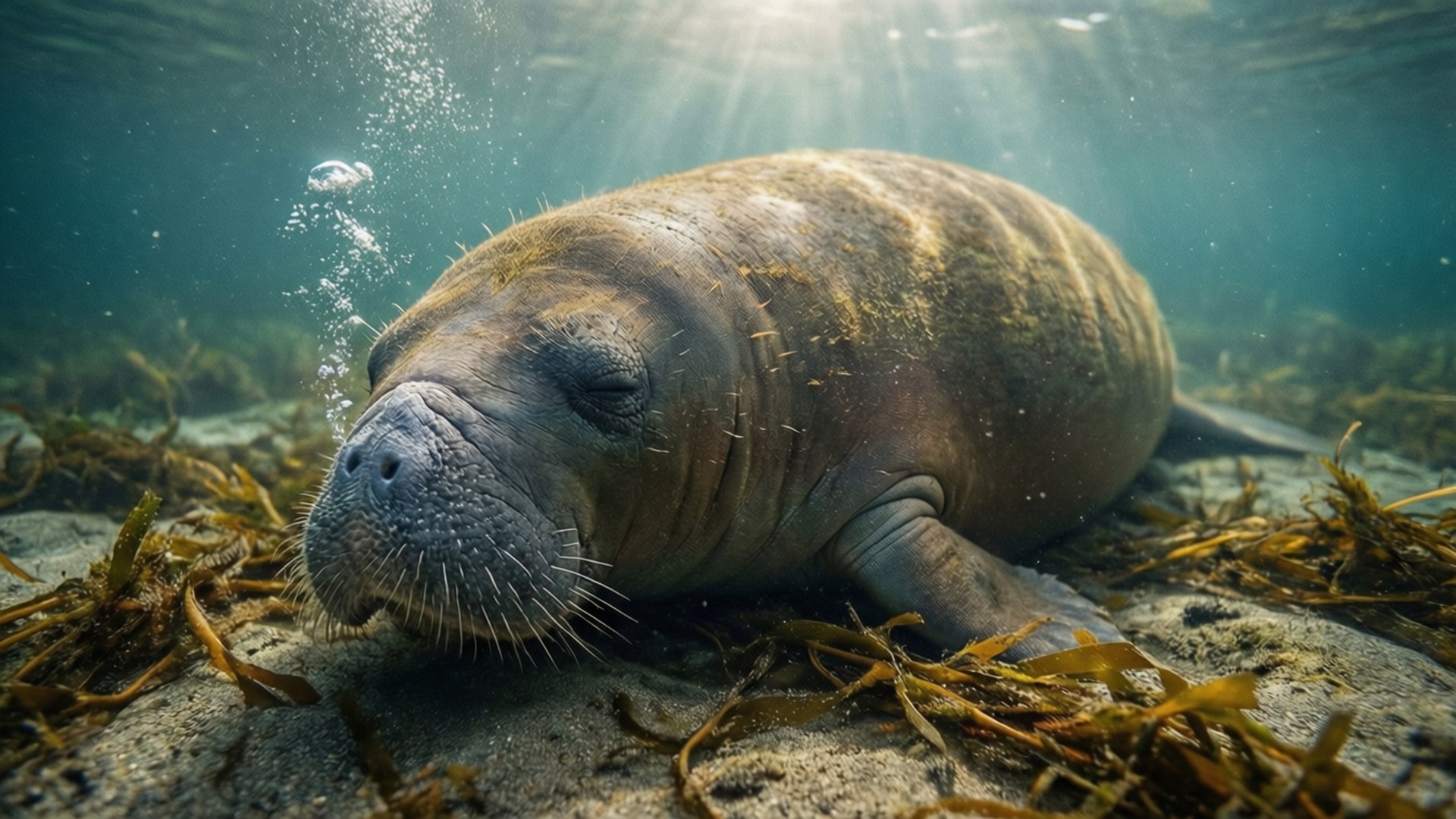 dugong, sandy bottom, bubbles, Full HD Desktop Wallpaper