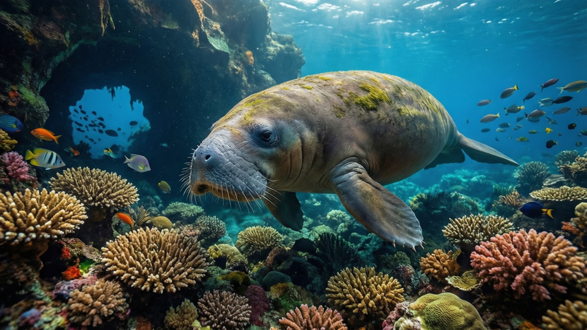dugong, coral reef, vibrant, Full HD Desktop Wallpaper