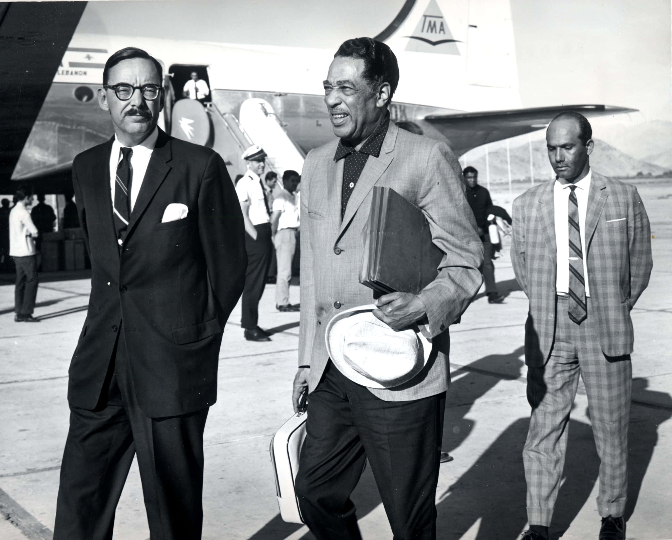 Duke Ellington, black and white photo, airport tarmac, 2K Desktop Wallpaper