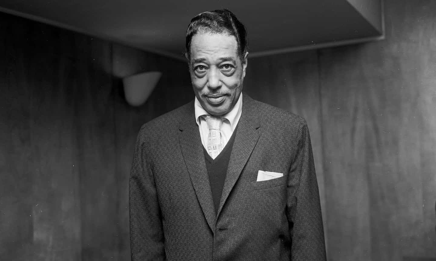 Duke Ellington, black and white, pinstripe suit, HD Desktop Wallpaper