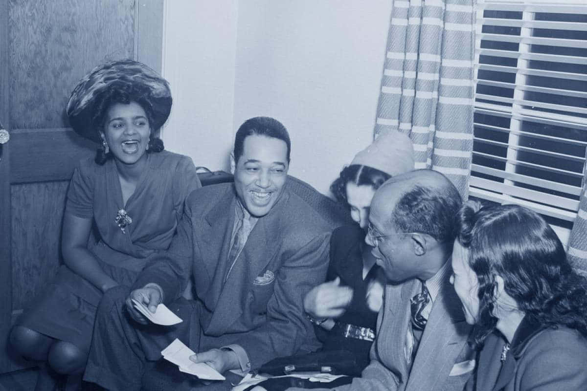Duke Ellington, vintage black and white photo, striped curtains, SD Desktop Wallpaper