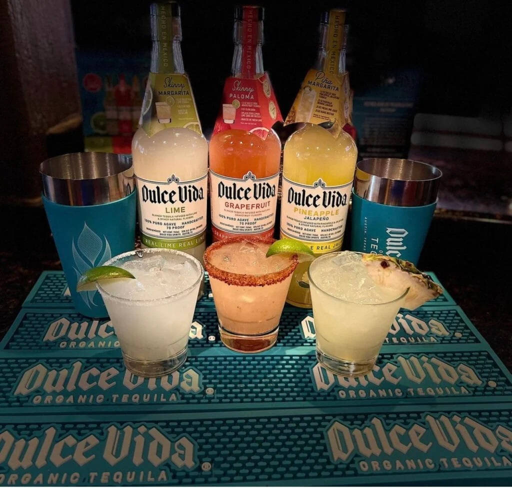 Dulce Vida Margarita Cocktail Mix, tequila bottles, branded bar mat, SD Desktop Wallpaper