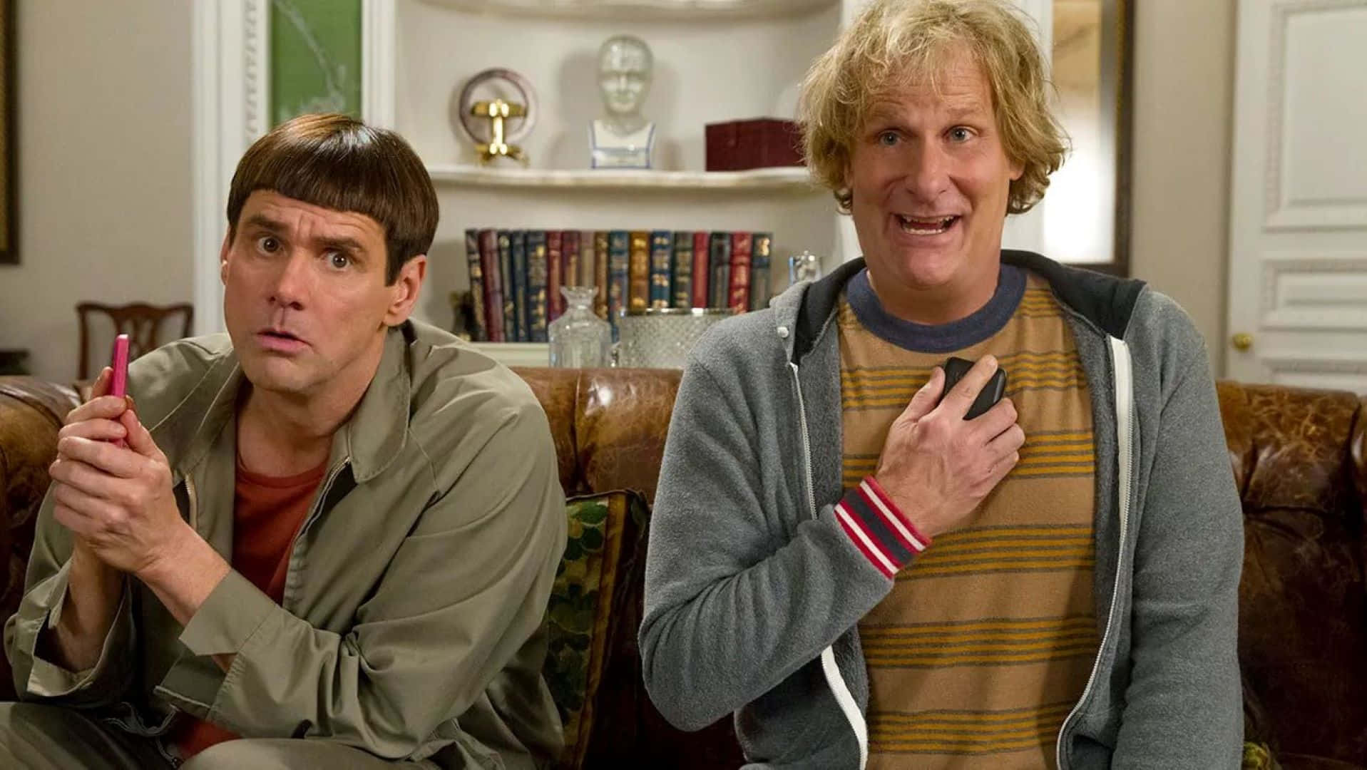 Dumb And Dumber, brown leather couch, pink phone, HD Desktop Wallpaper