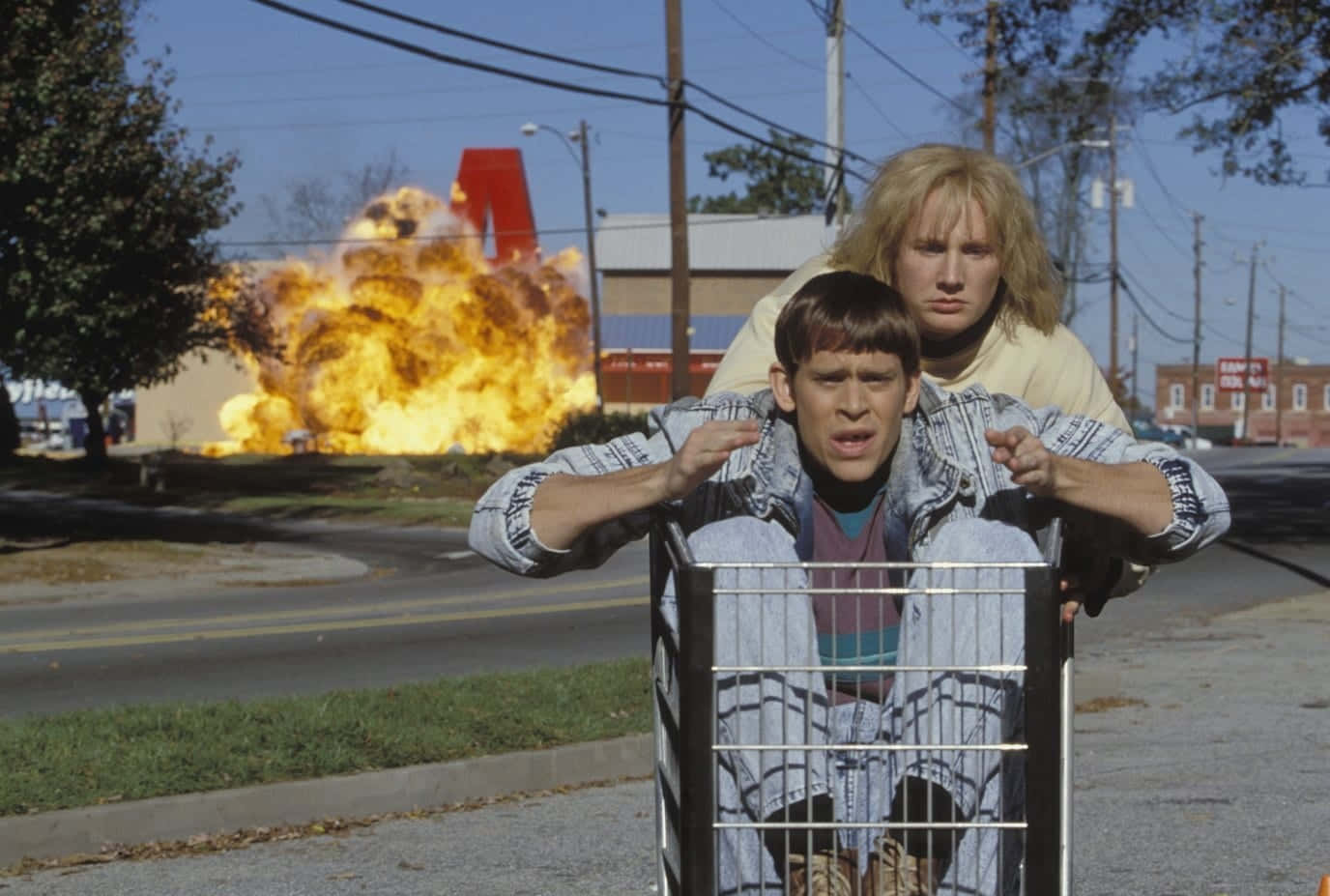 Dumb And Dumber, shopping cart, fiery explosion, HD Desktop Wallpaper