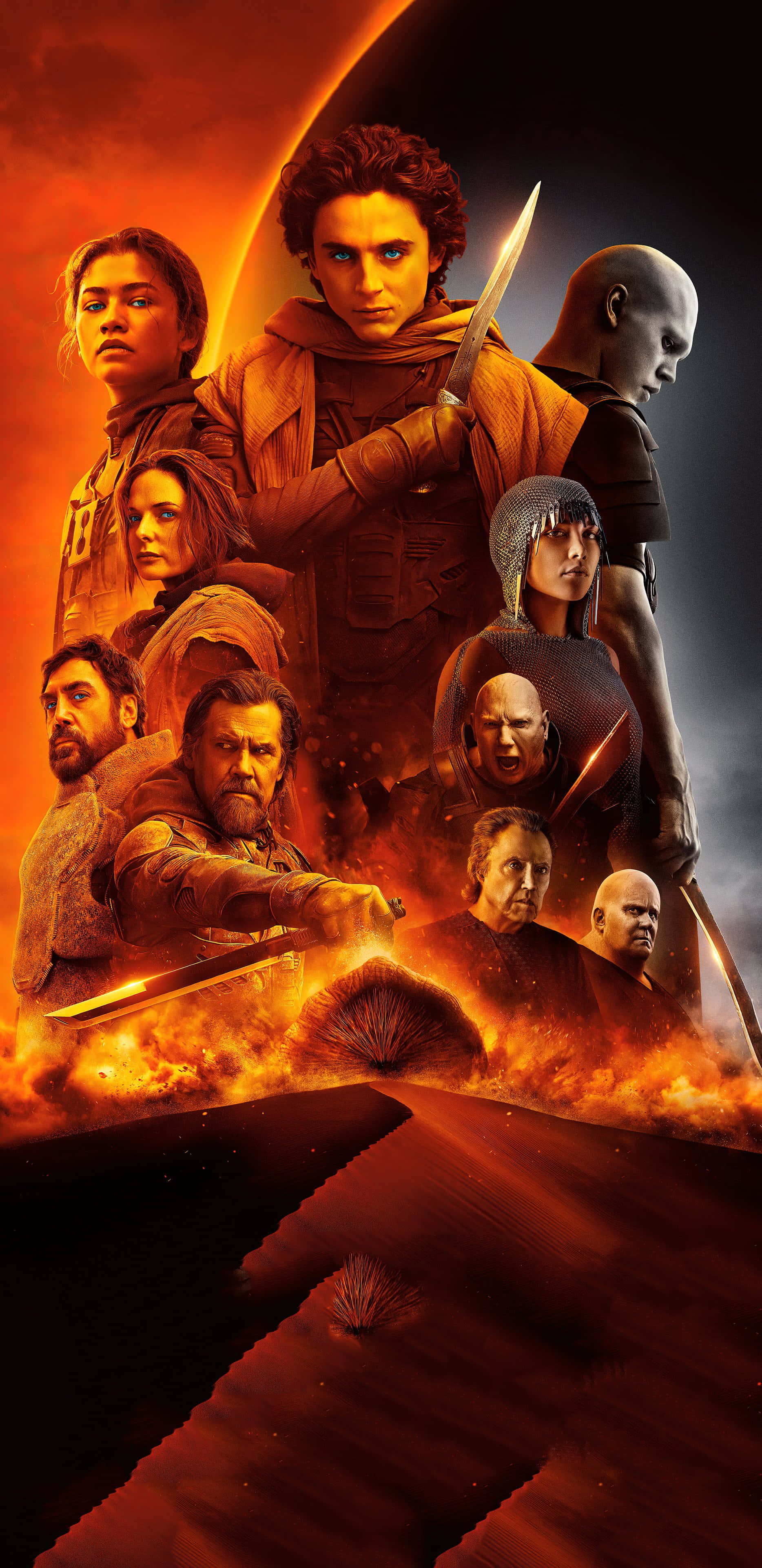 Dune, movie character collage, fiery orange, 4K Phone Wallpaper