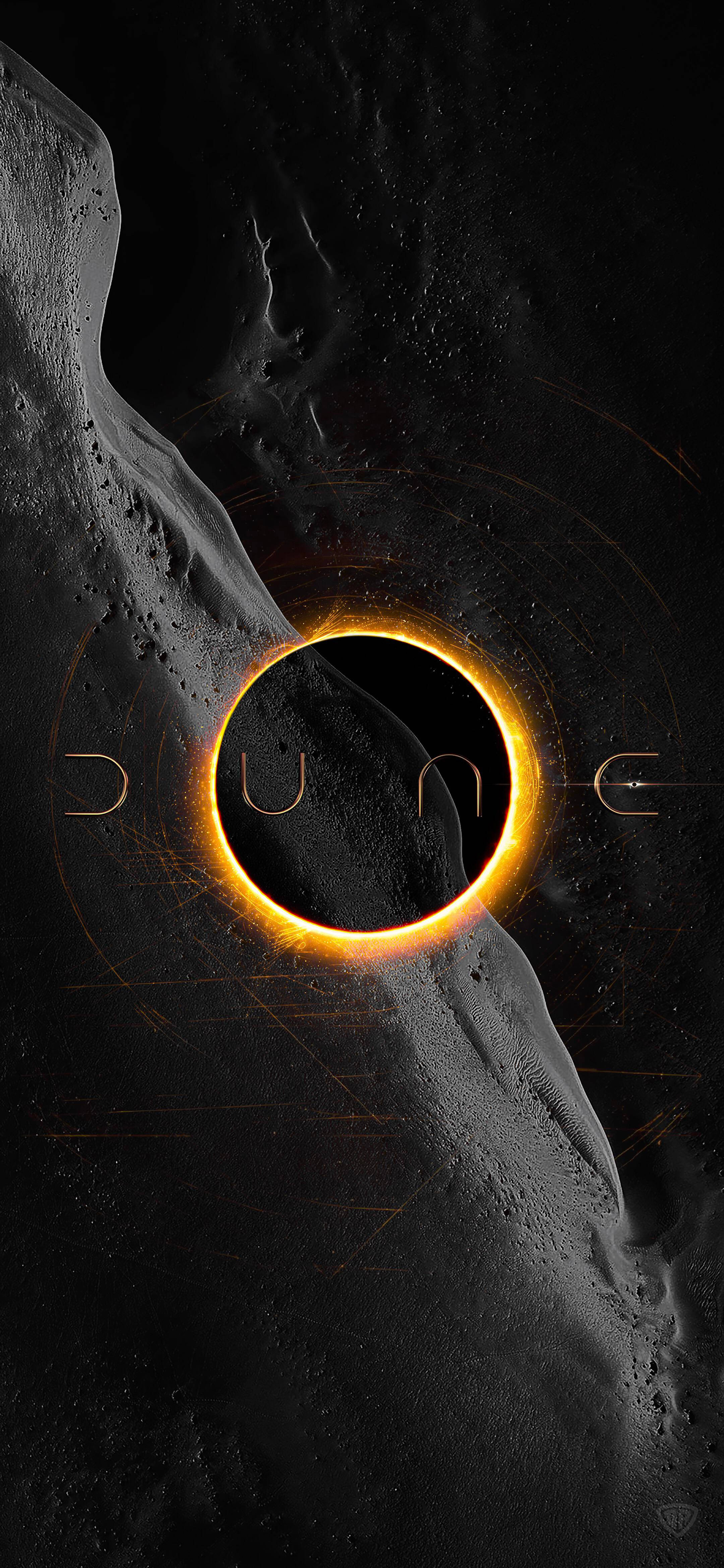 Dune 2021, eclipse poster, glowing orange ring of light, 4K Phone Wallpaper