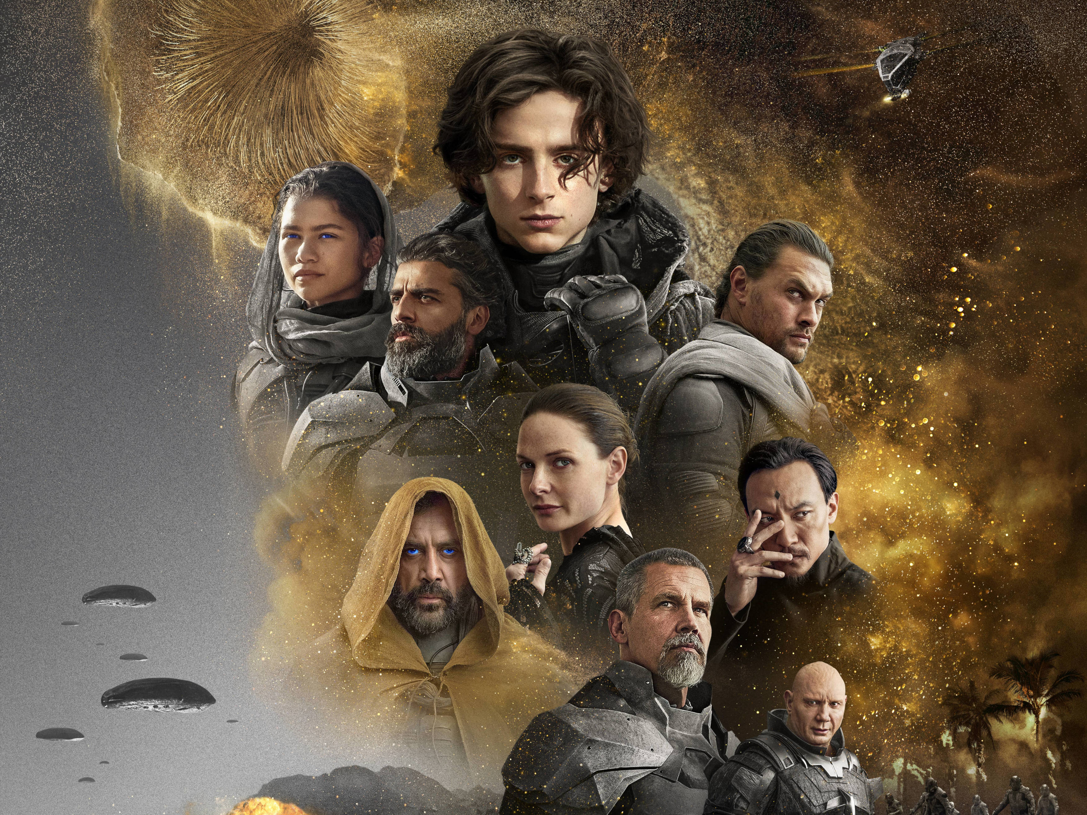 Dune 2021, main characters, cosmic backdrop, 2K Desktop Wallpaper
