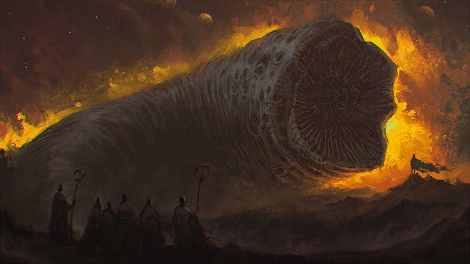 Dune 2021, burning sandworm, colossal textured worm, Full HD Desktop Wallpaper