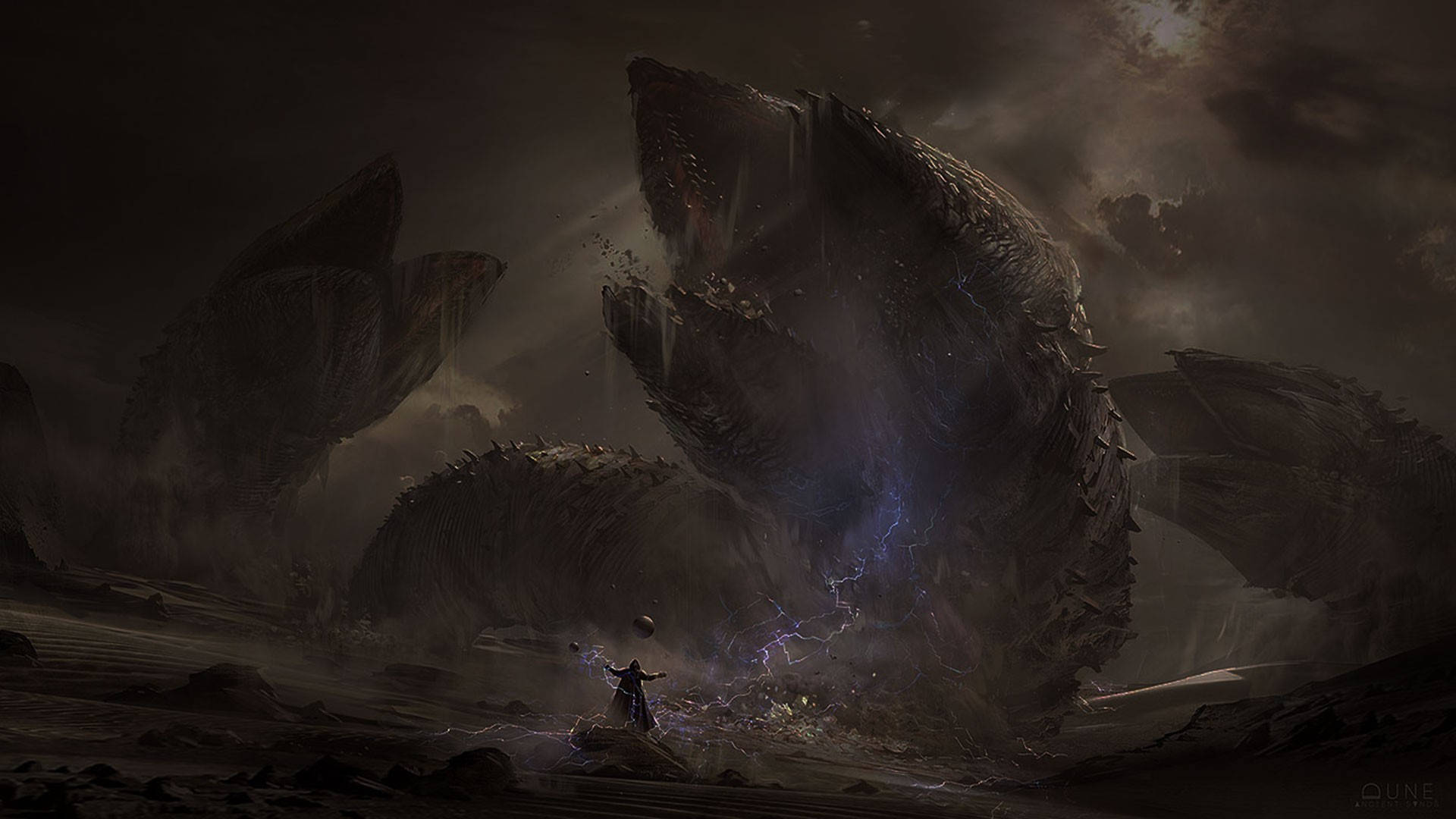 Dune 2021, huge sandworm, stormy desolate wasteland, Full HD Desktop Wallpaper