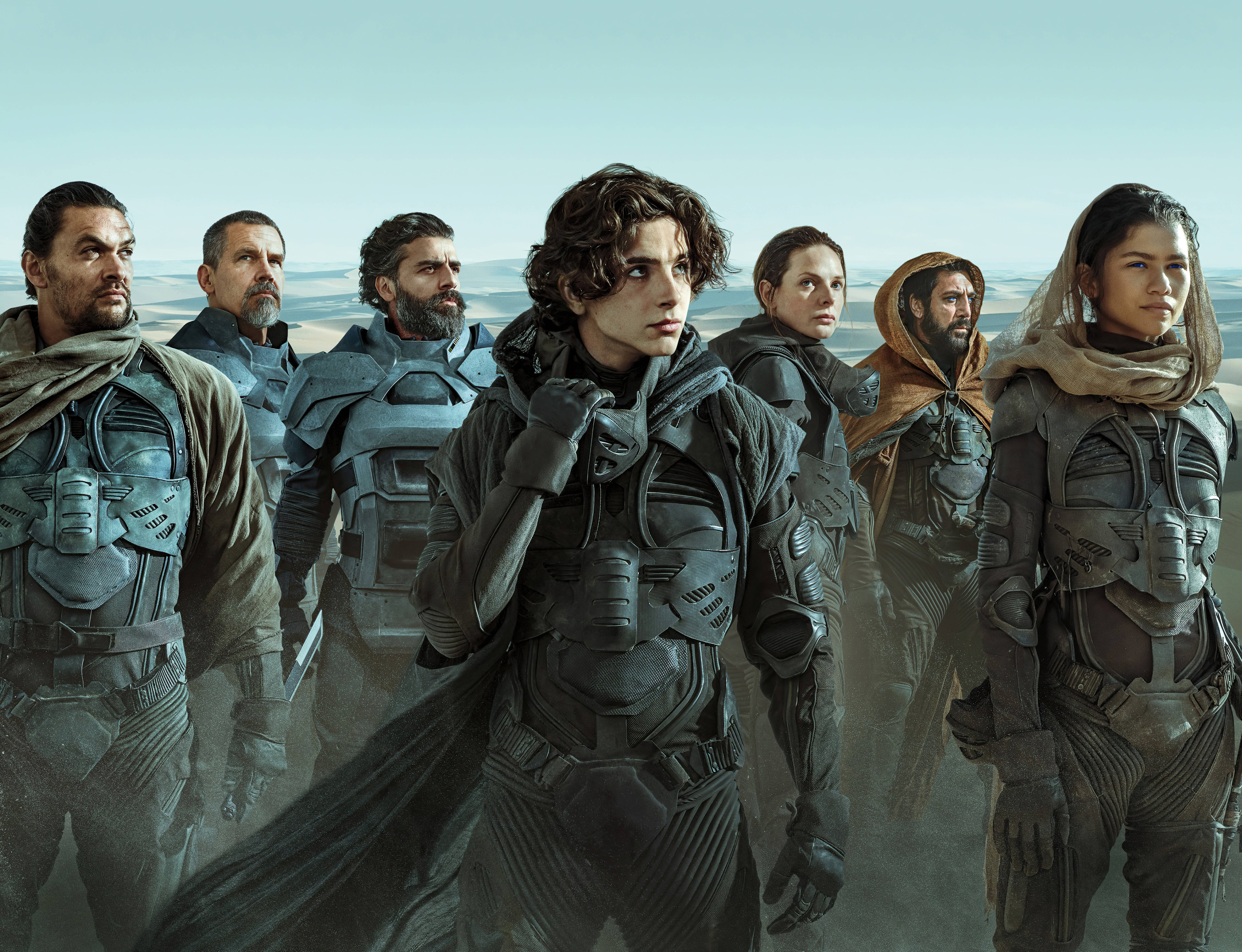 Dune 2021, main cast poster, armored space travelers, 8K Desktop Wallpaper