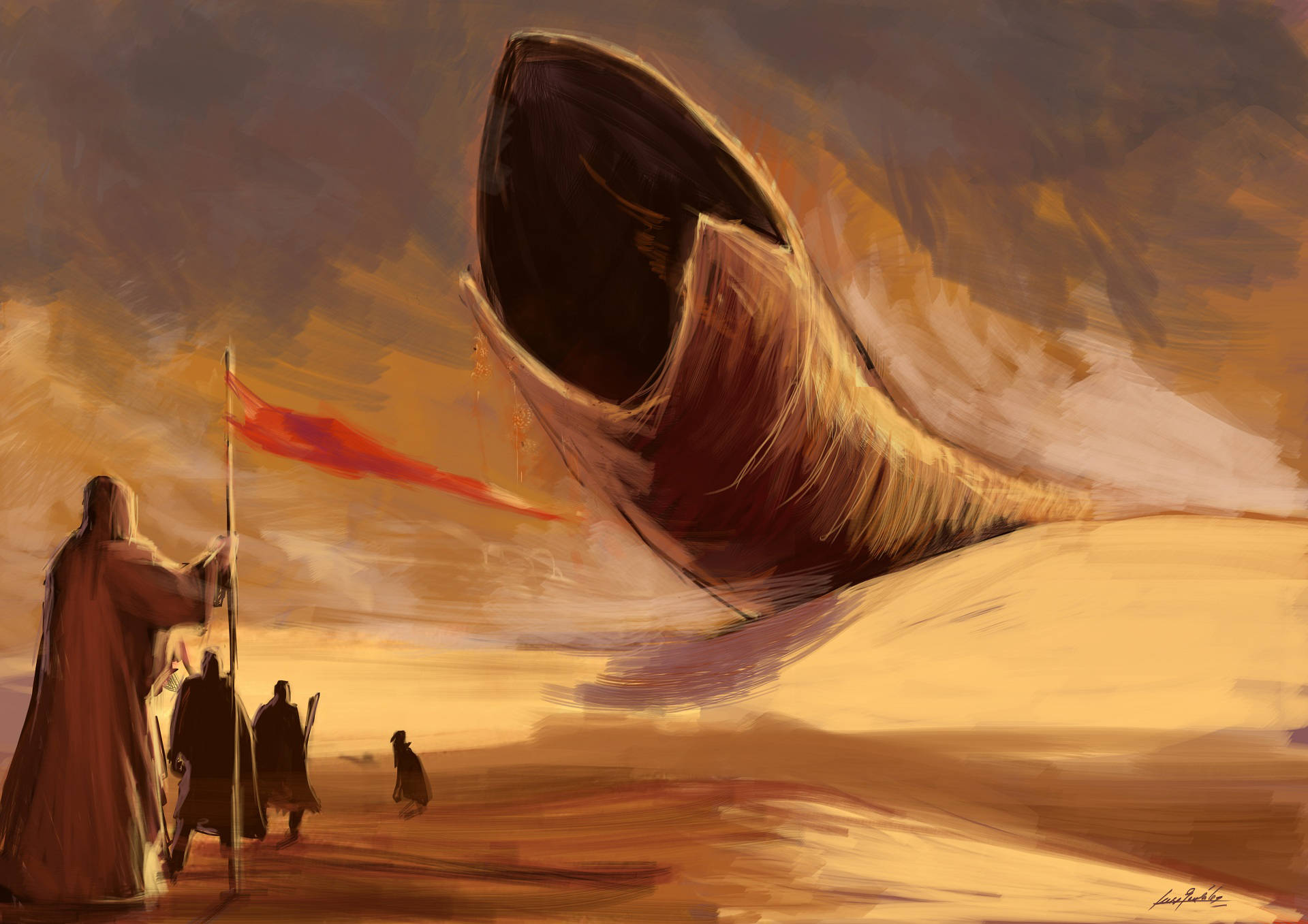 Dune, sandworm, robed figures, Full HD Desktop Wallpaper