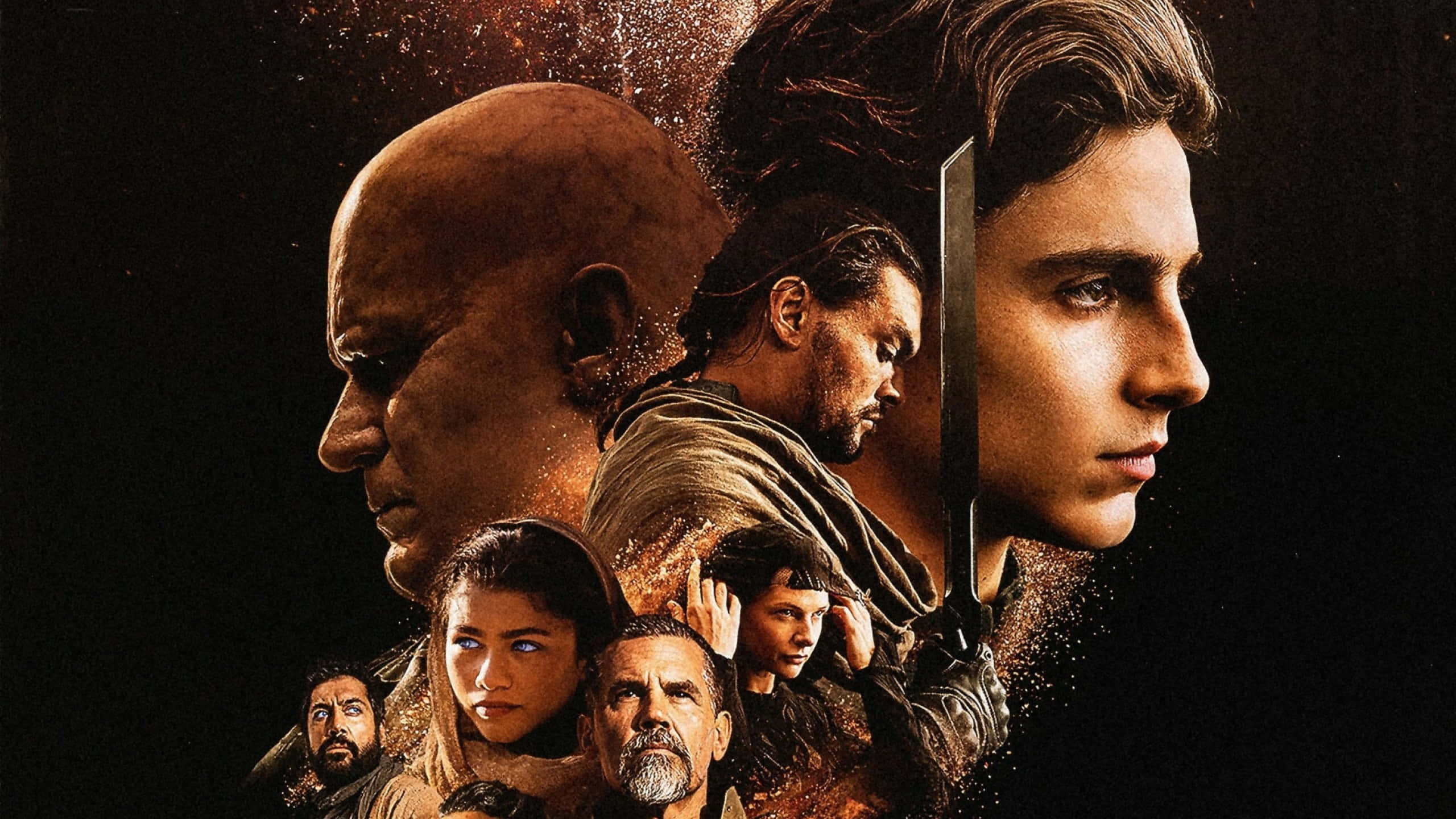 Dune Movie, character collage, golden dust particles, 2K Desktop Wallpaper