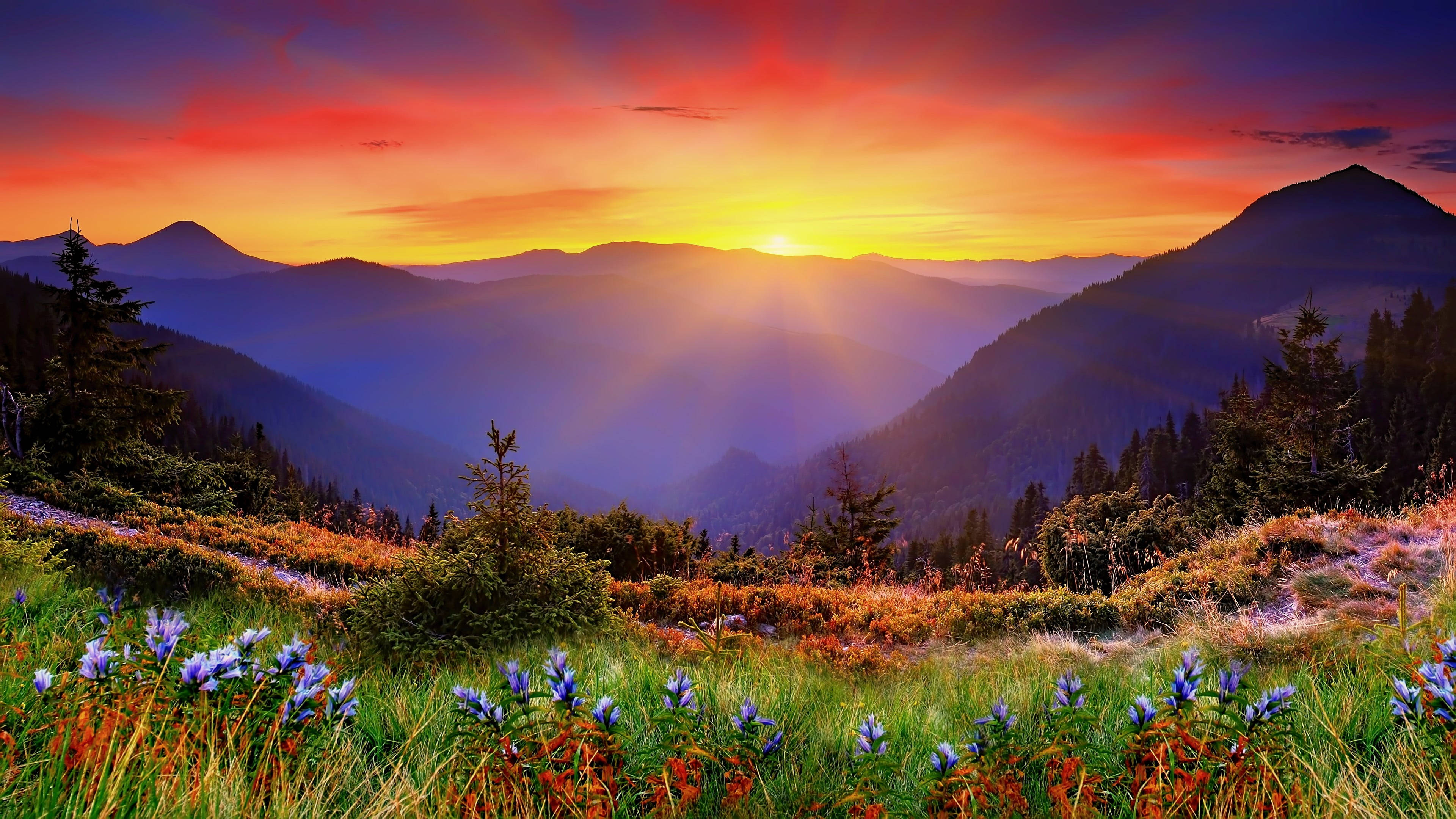 New Zealand Mountain, sunset, fiery orange, 4K Desktop Wallpaper