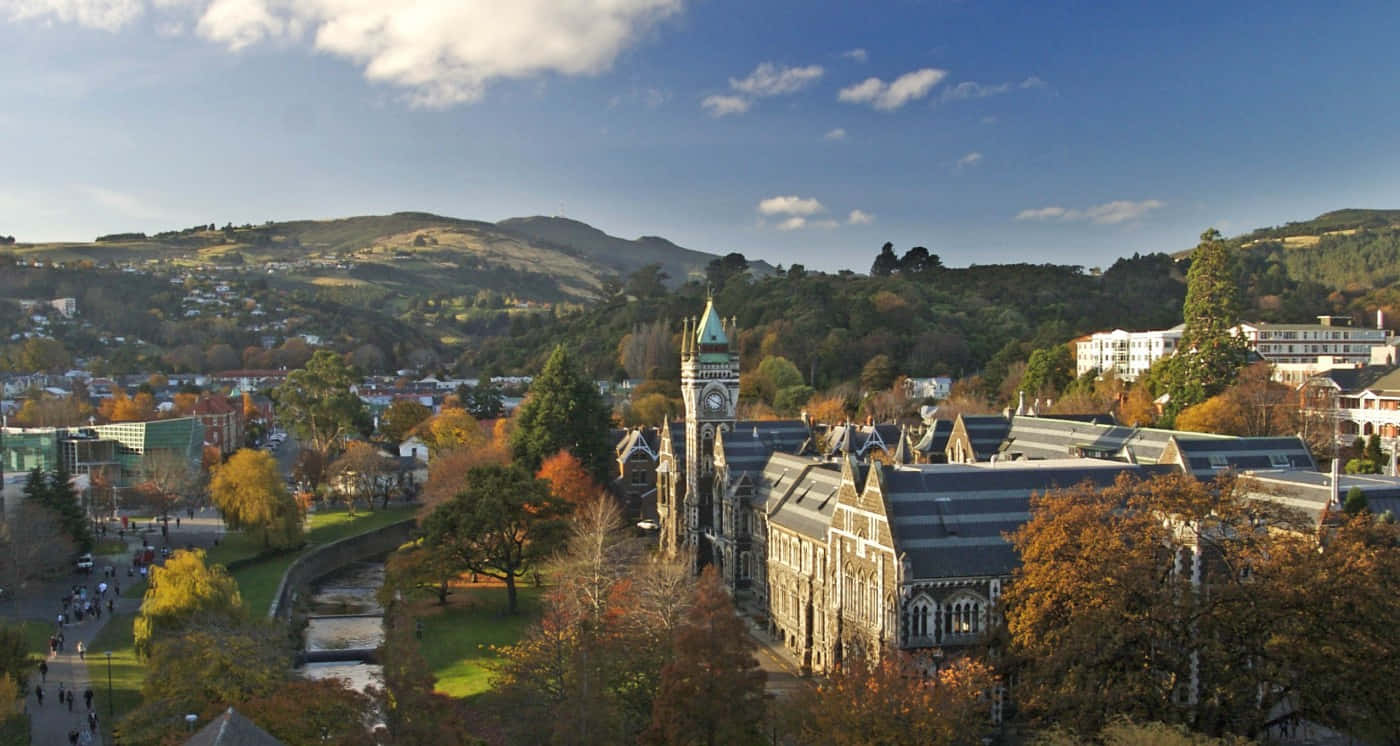 Dunedin New Zealand, autumn trees, clock tower, HD Desktop Wallpaper