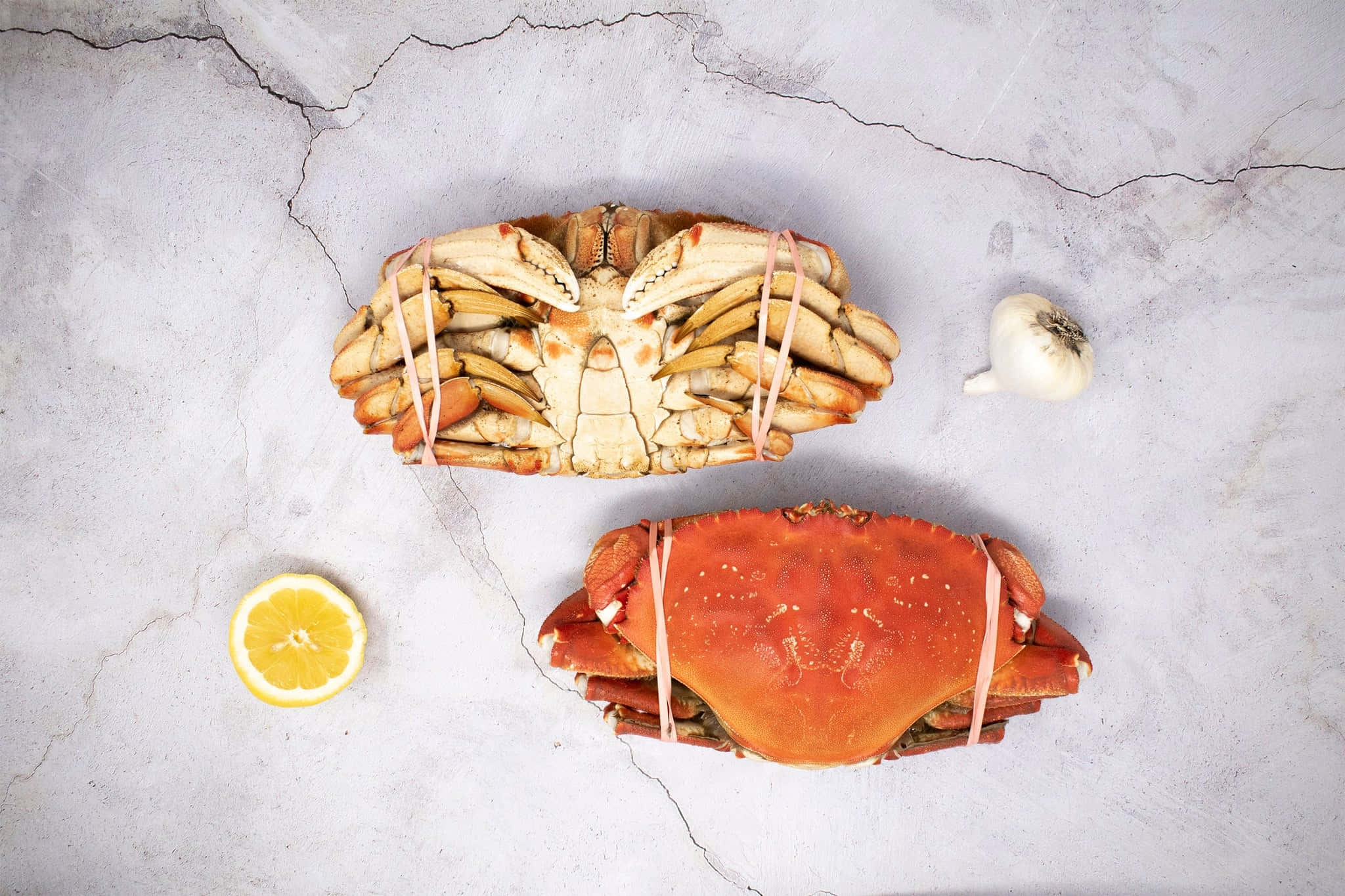 Dungeness Crab, lemon slice, garlic bulb, Full HD Desktop Wallpaper
