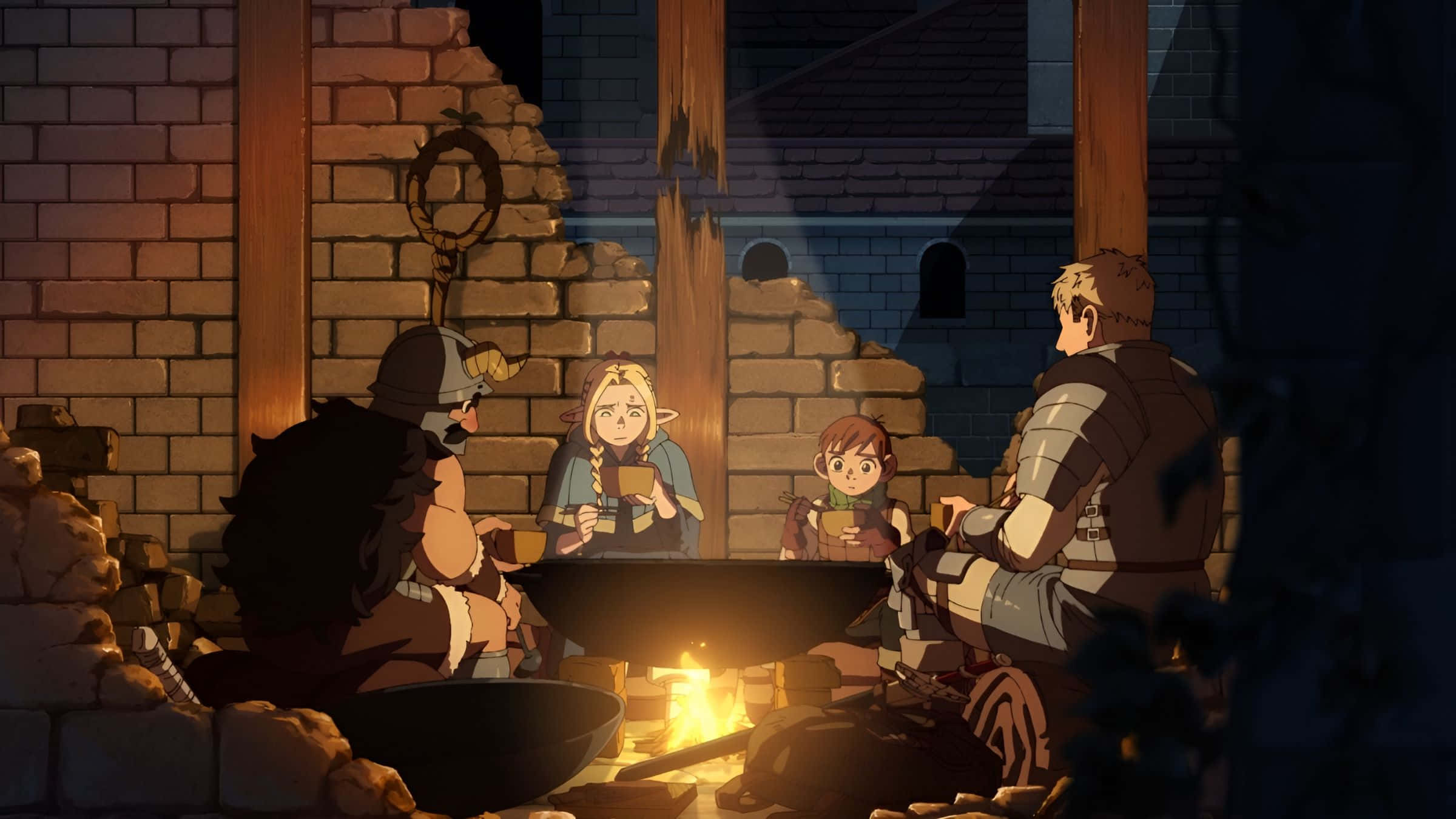adventurers, campfire, stone ruin, Full HD Desktop Wallpaper