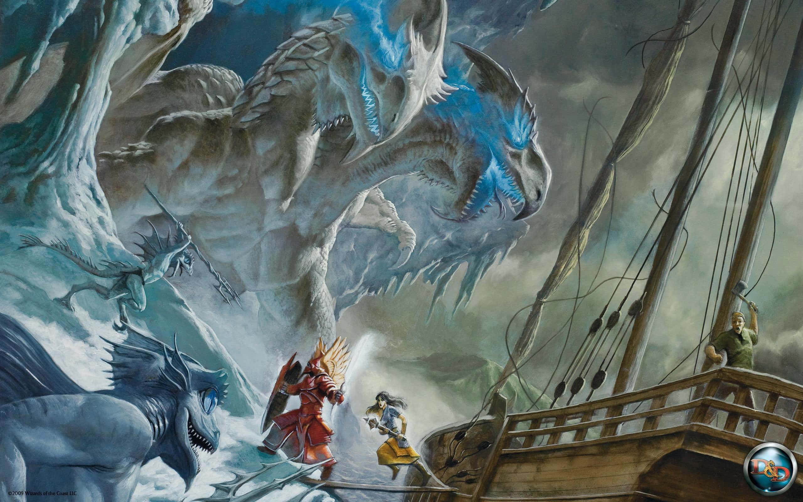 Dungeons & Dragons Phone, ice dragon, glowing blue eyes, 2K Desktop Wallpaper