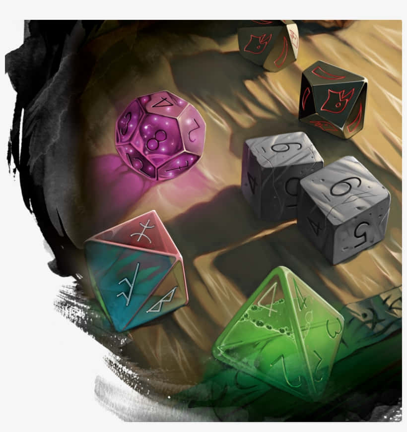 Dungeons And Dragons Phone, glowing multicolored fantasy dice, wooden surface, SD Phone Wallpaper