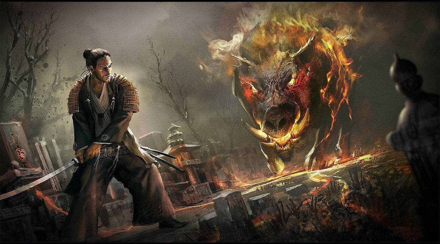 Dungeons And Dragons, samurai warrior, fiery demonic boar, HD Desktop Wallpaper