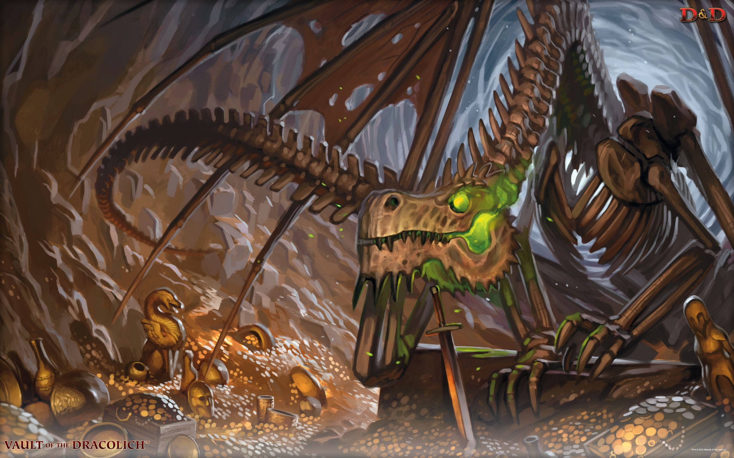 Dungeons And Dragons, dragon skeleton, glowing green eyes, 2K Desktop Wallpaper