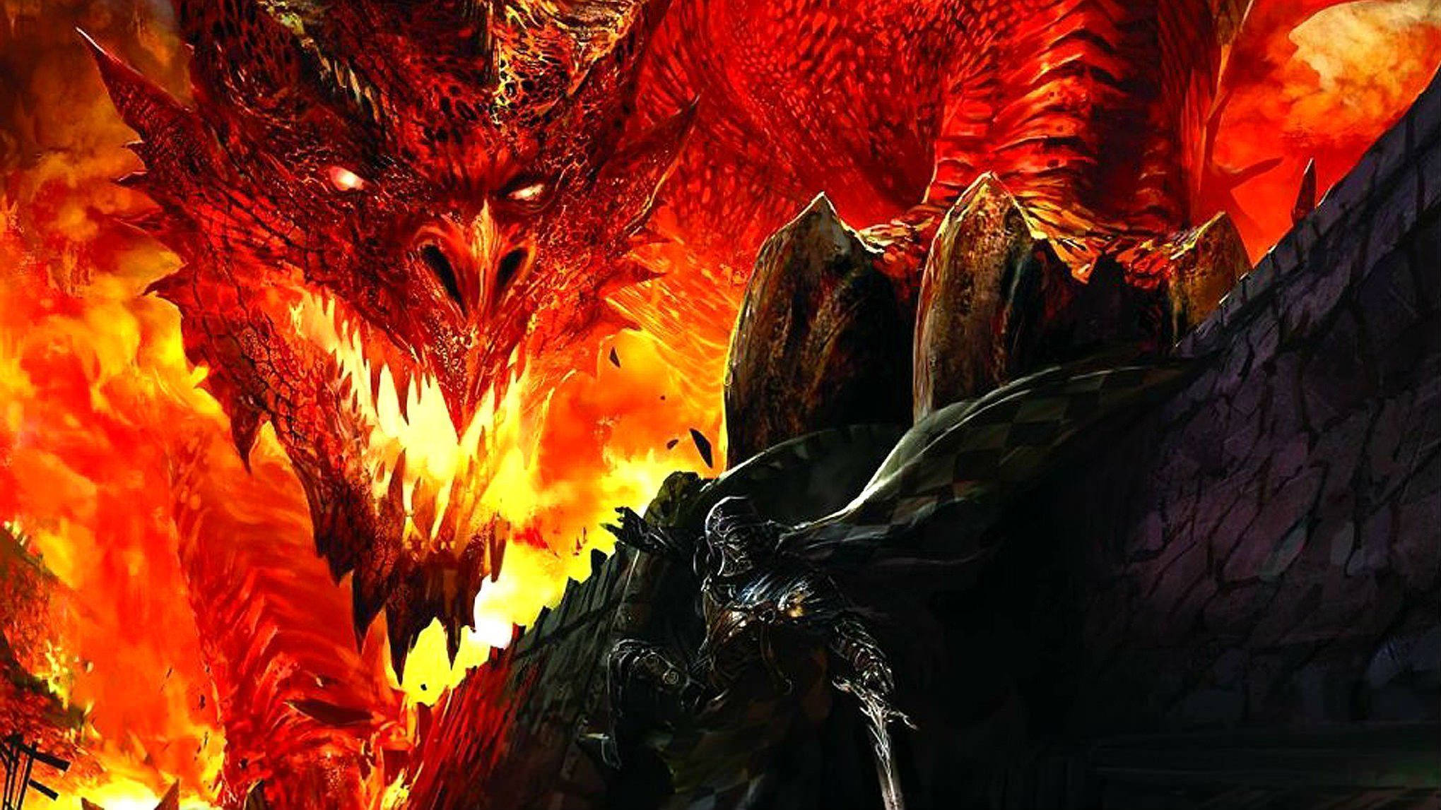 Dungeons And Dragons, fire dragon, knight in dark armor, Full HD Desktop Wallpaper
