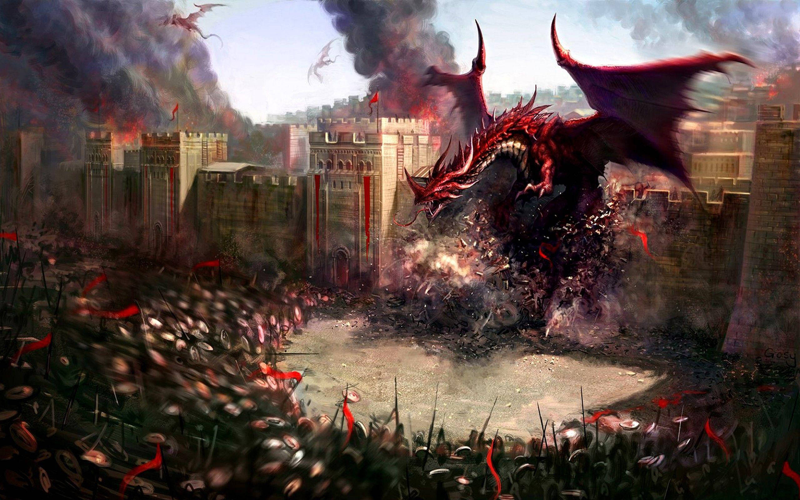 Dungeons And Dragons, red dragon, stone castle, 2K Desktop Wallpaper