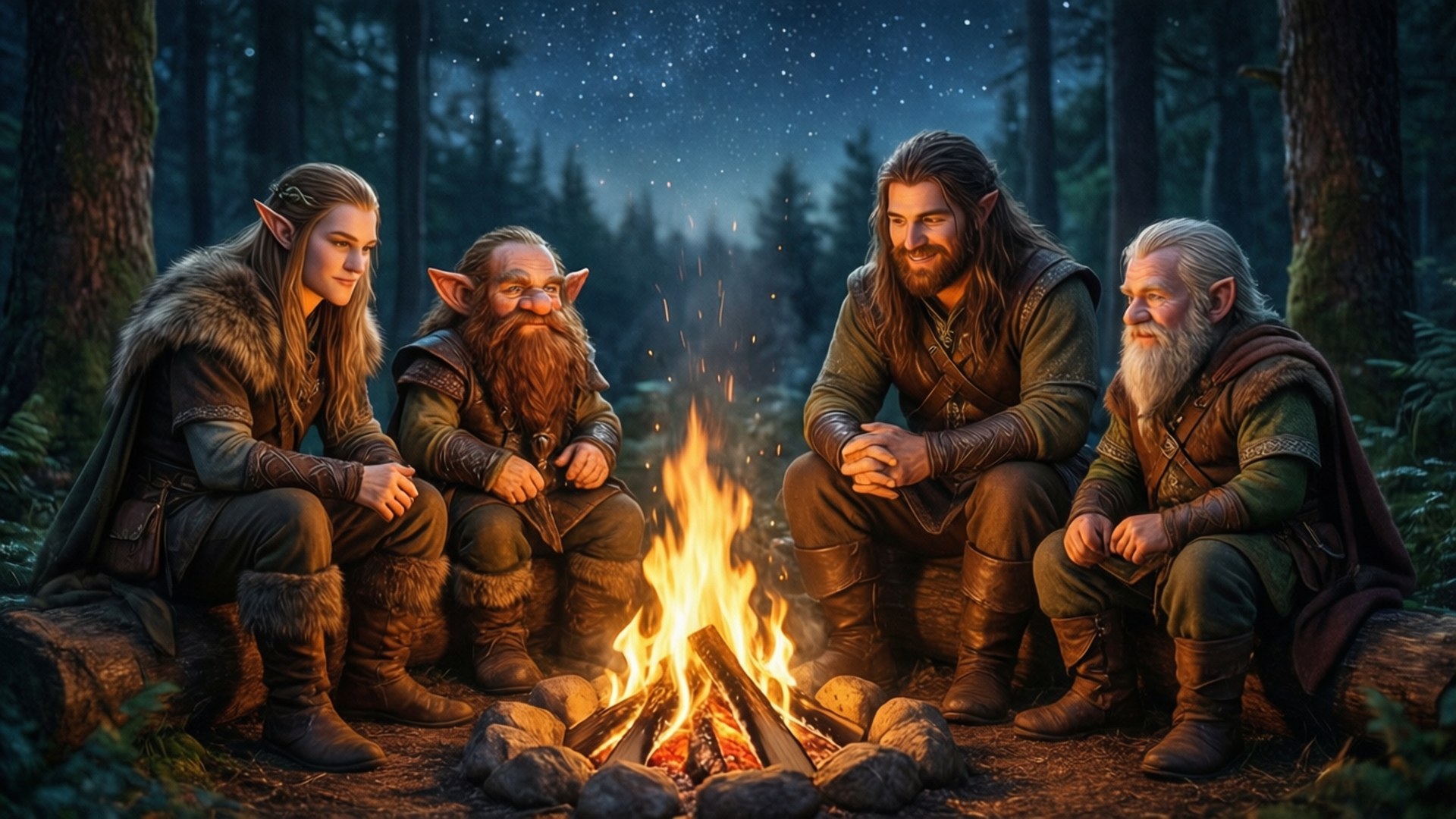 Adventurers Campfire, fantasy elves, pointed ears, Full HD Desktop Wallpaper