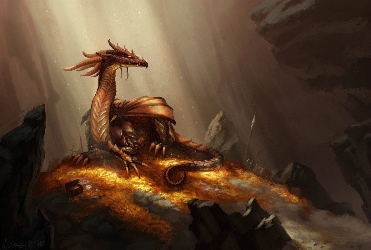 golden dragon, treasure hoard, misty cavern, SD Desktop Wallpaper