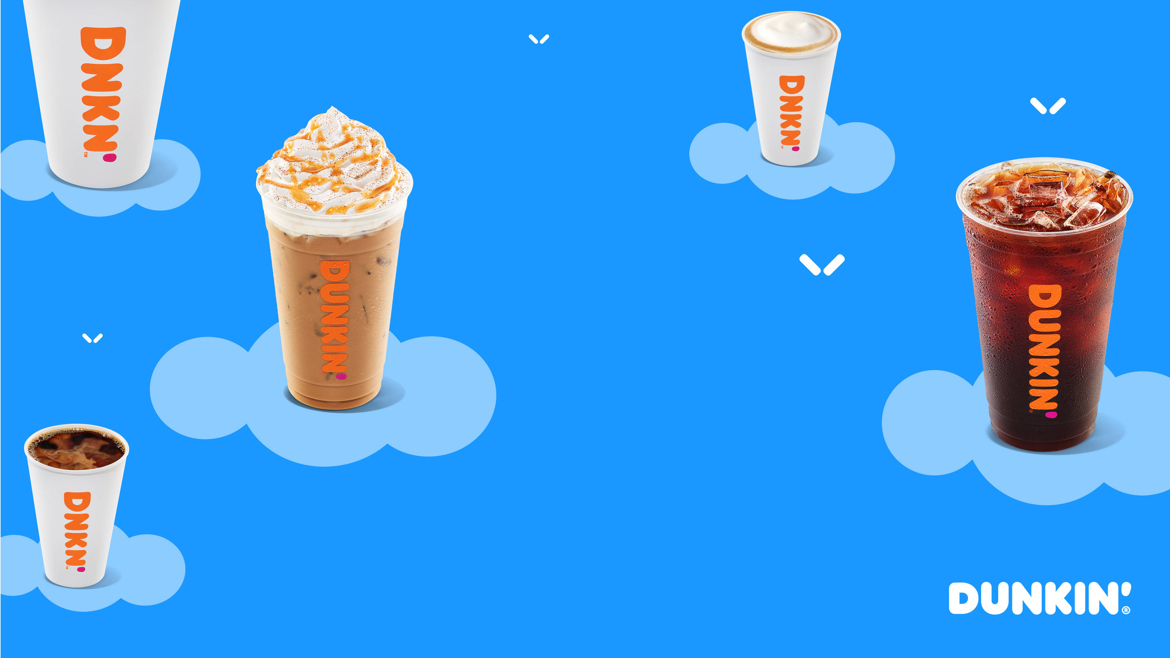 Dunkin, Dunkin' iced coffee drinks, light blue clouds, 4K Desktop Wallpaper