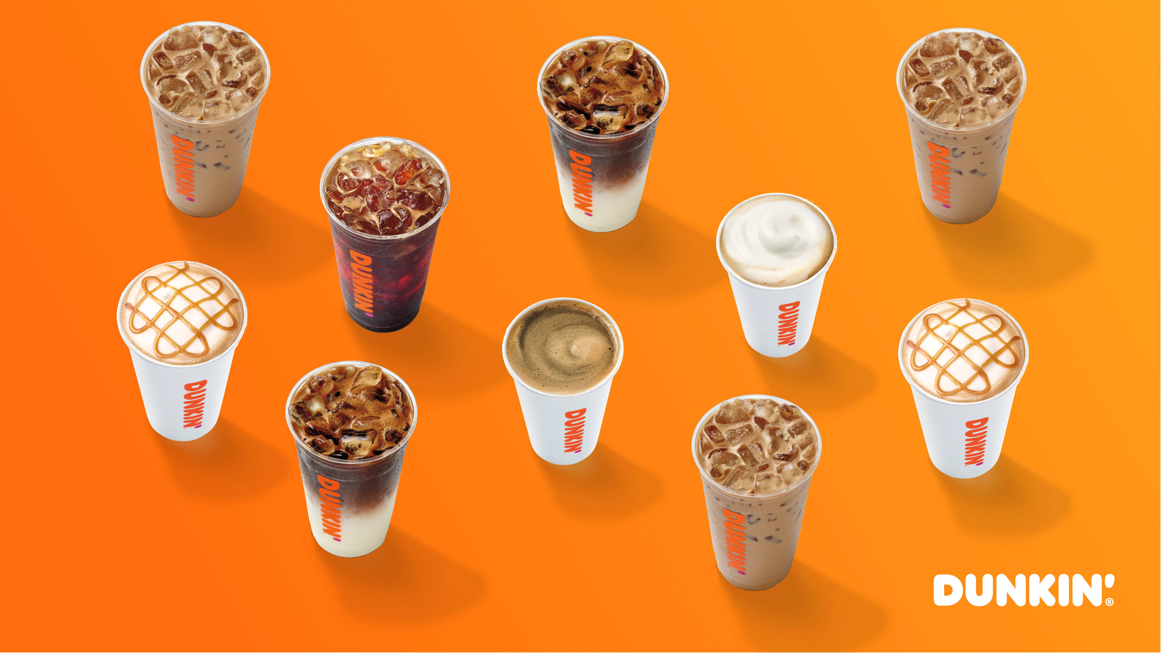 Dunkin', iced coffee drinks, branded cups, 4K Desktop Wallpaper