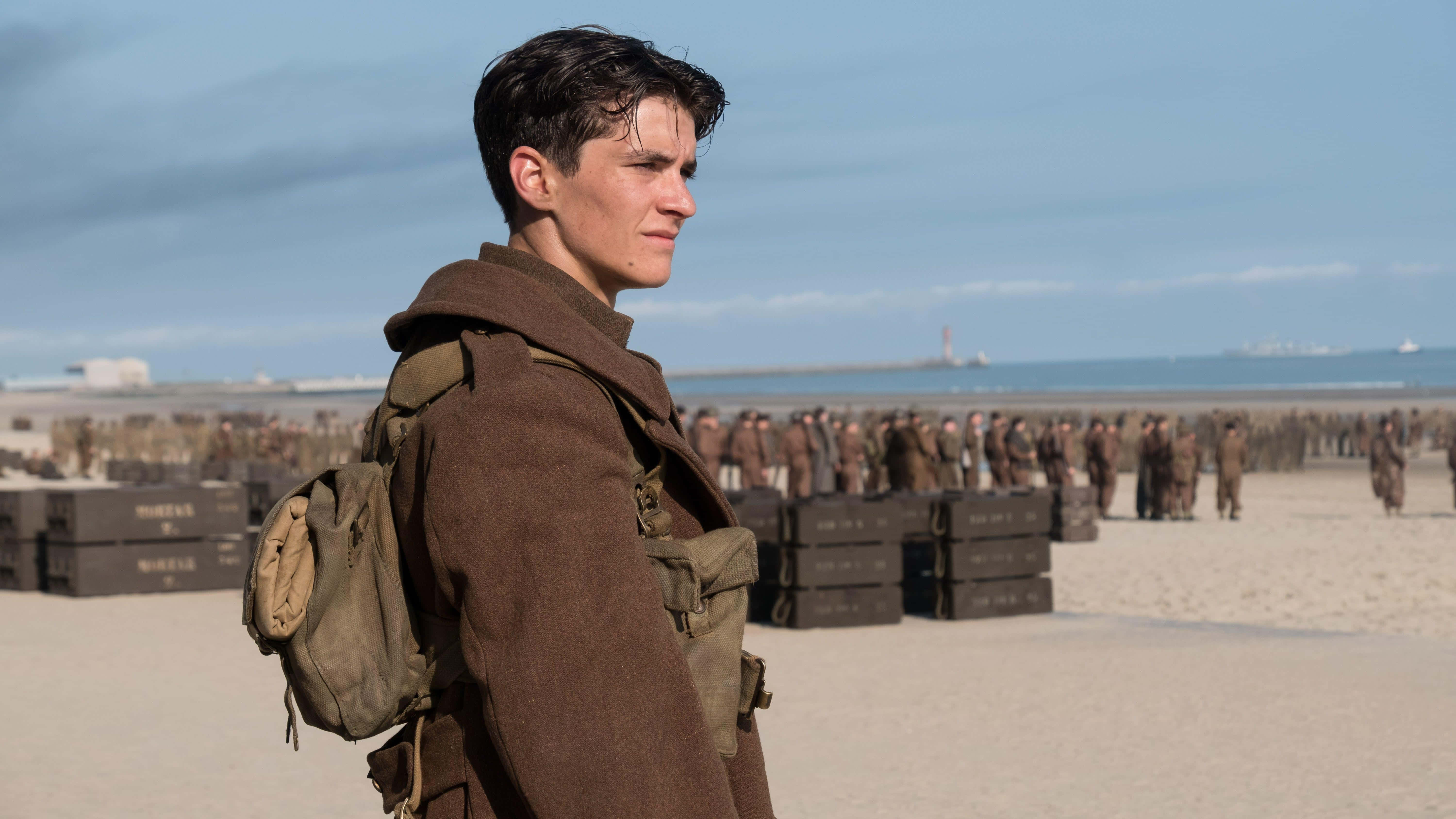 Dunkirk, sandy beach, brown uniform, 5K Desktop Wallpaper