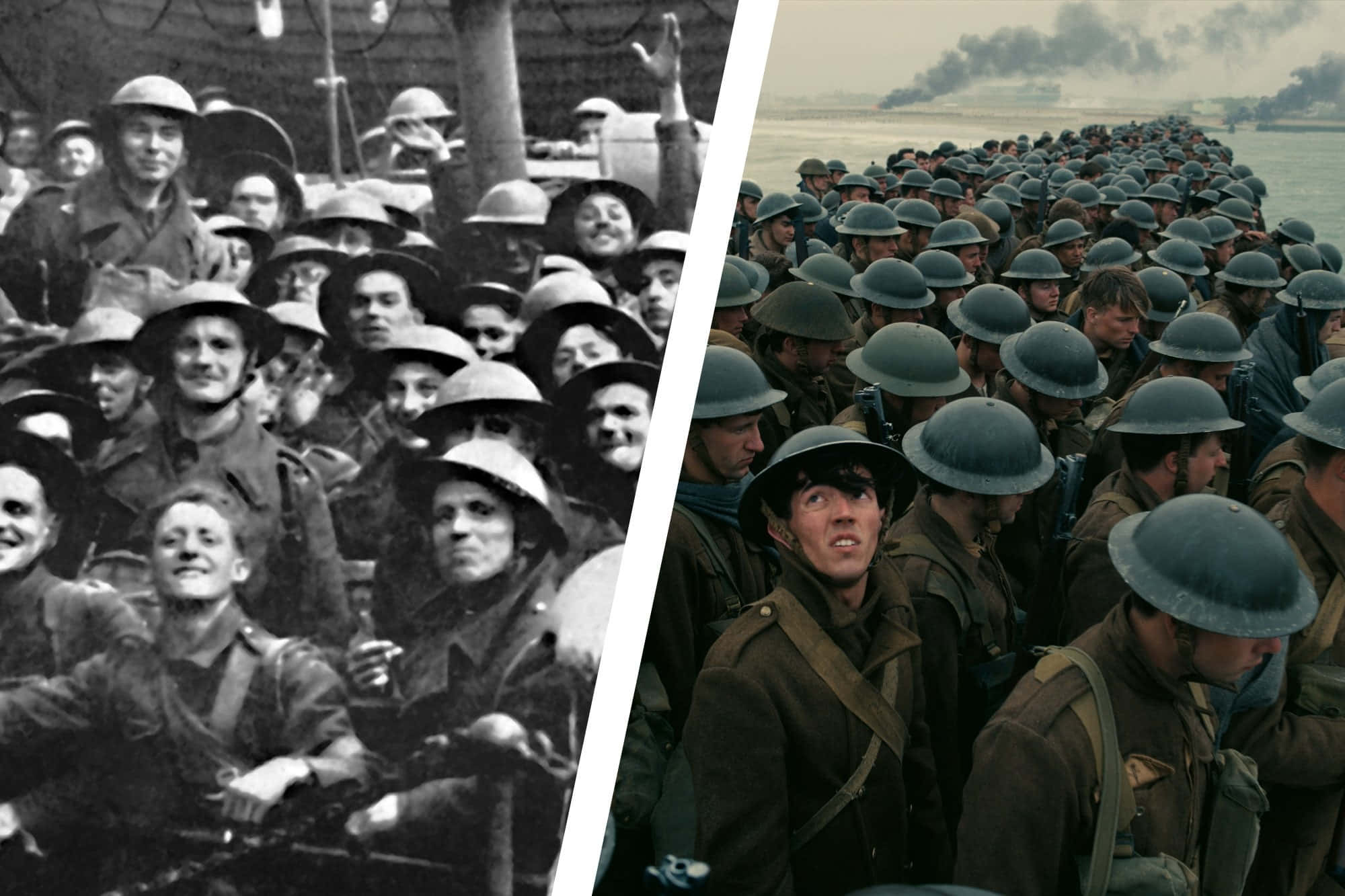 Dunkirk, black and white historical soldiers, color soldiers marching in formation, Full HD Desktop Wallpaper