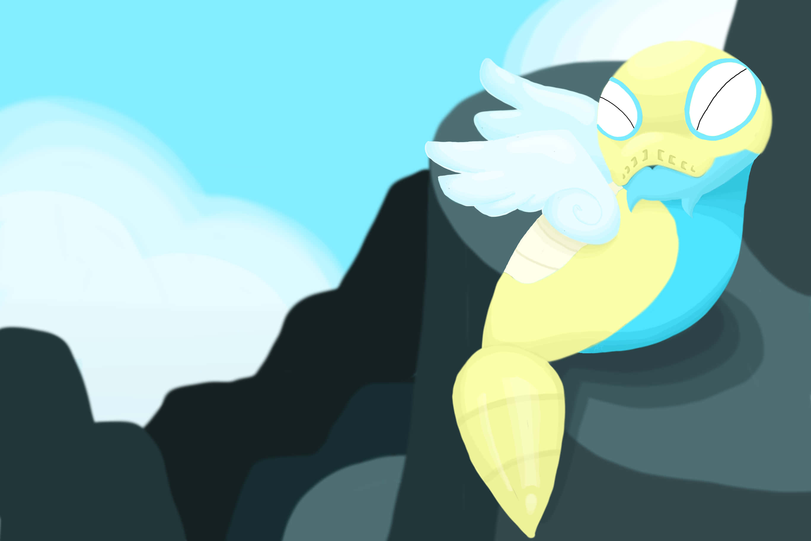 Dunsparce, rocky cliff, yellow and blue, 2K Desktop Wallpaper