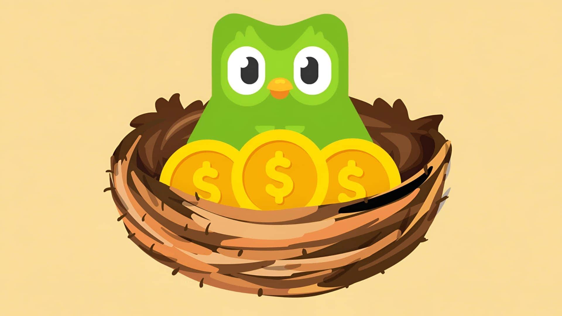 Duolingo, green cartoon owl, brown nest, Full HD Desktop Wallpaper