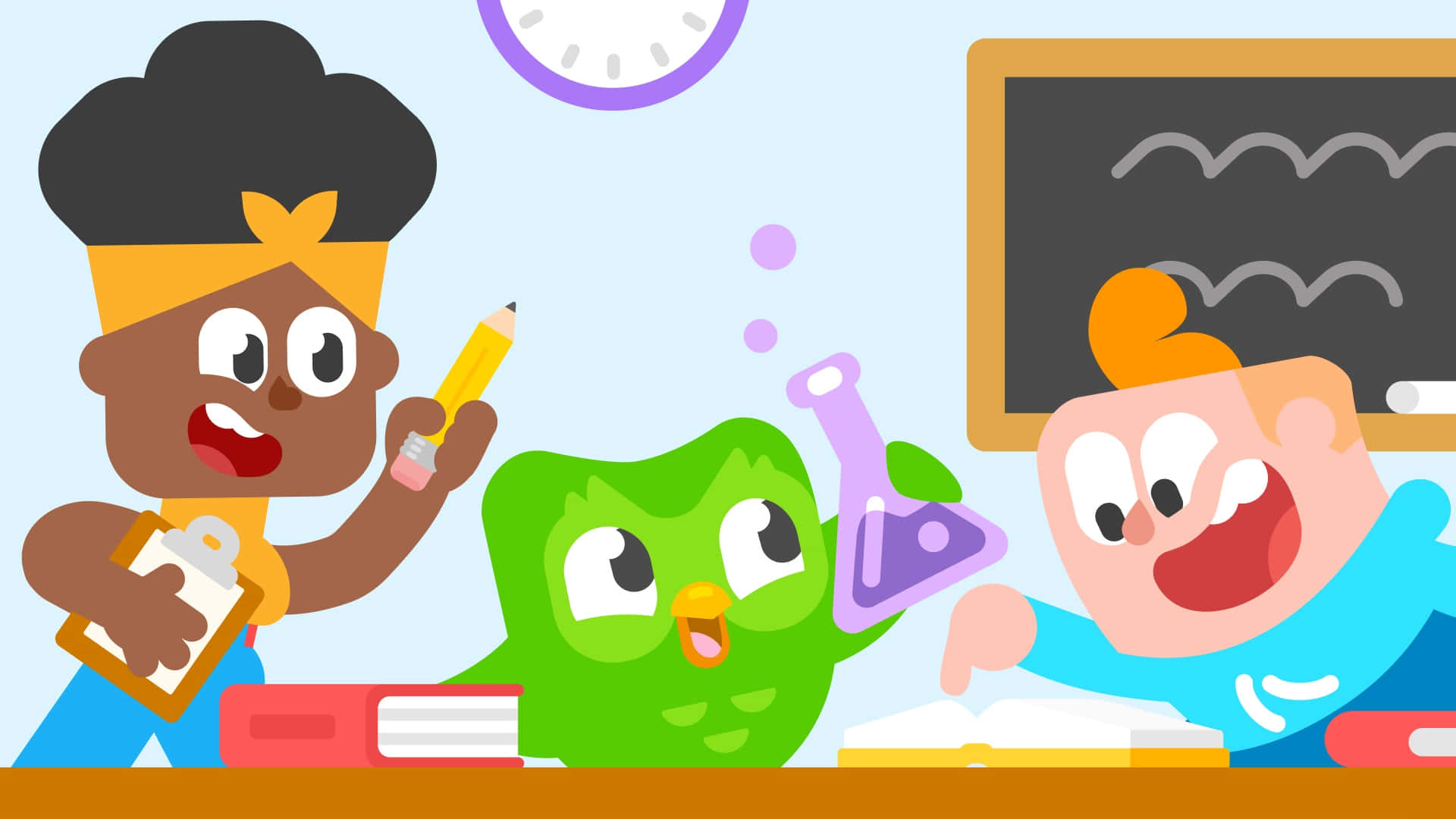 Duolingo, classroom, cartoon kids, Full HD Desktop Wallpaper