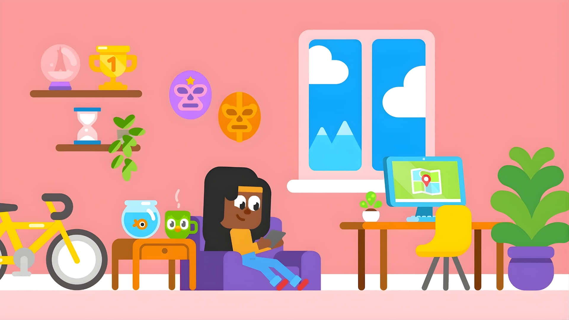Duolingo, purple armchair, pink room, Full HD Desktop Wallpaper