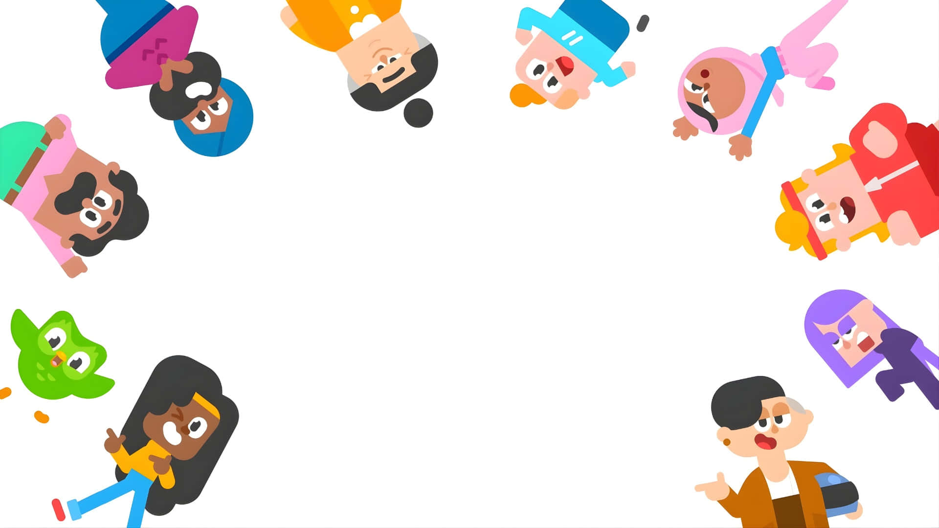 Duolingo Characters, circle, colorful outfits, Full HD Desktop Wallpaper
