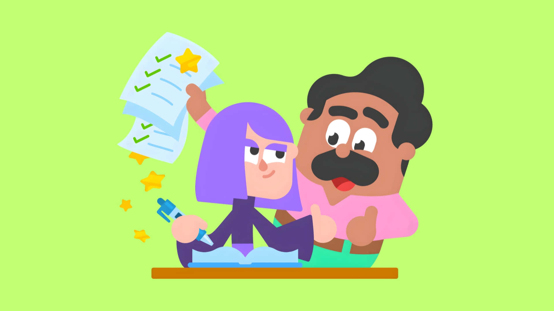 Duolingo, cartoon girl with purple hair, smiling man in pink, Full HD Desktop Wallpaper