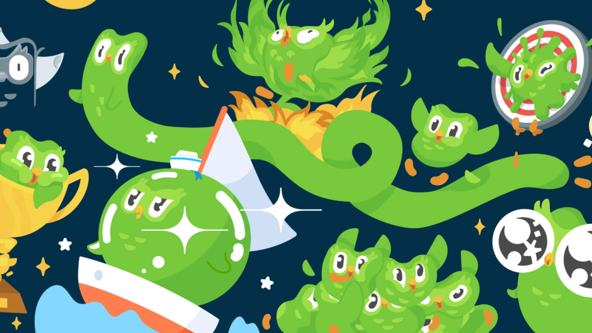 Duolingo, green dragon characters, cartoon creatures, Full HD Desktop Wallpaper