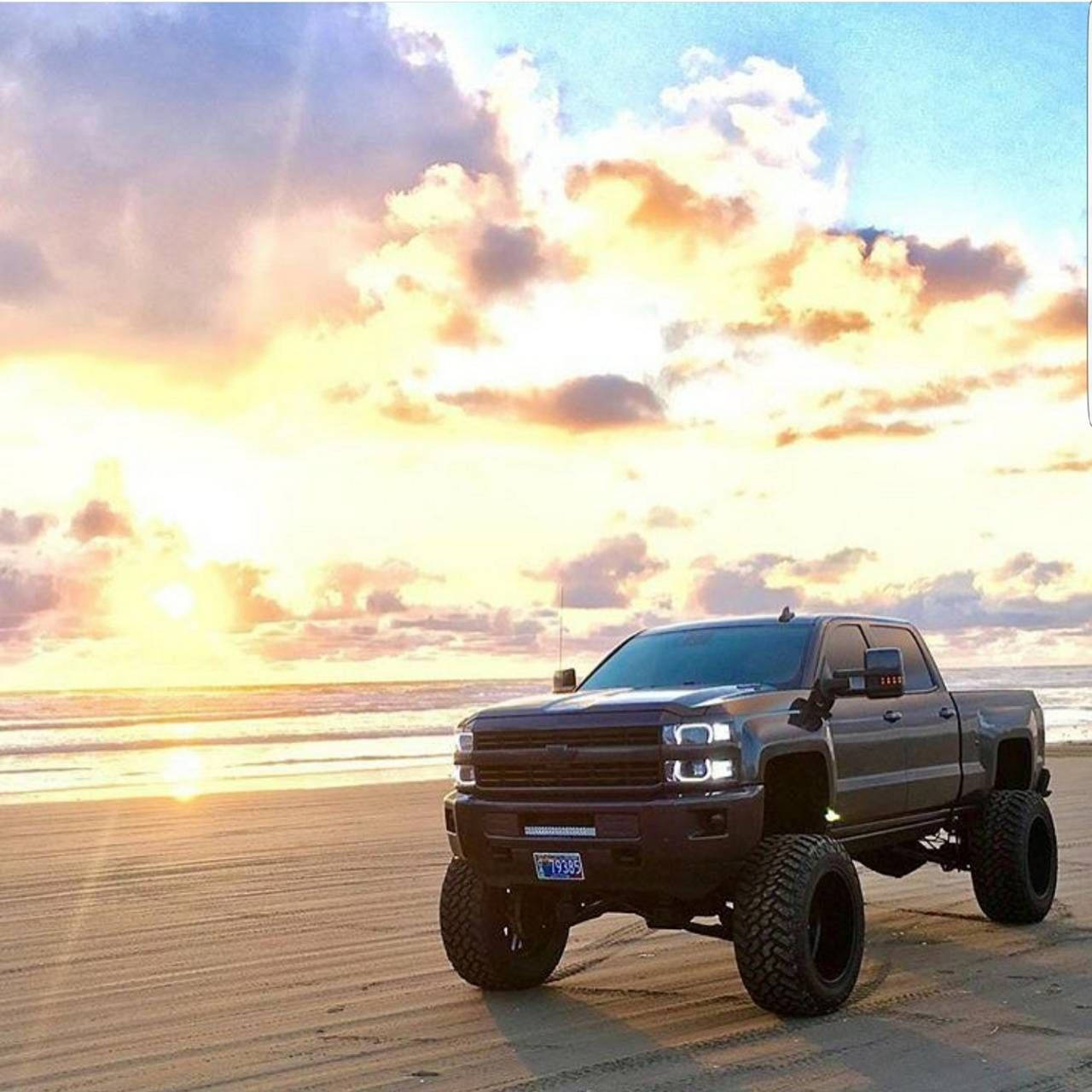 Duramax, black pickup truck, sandy beach, HD Desktop Wallpaper