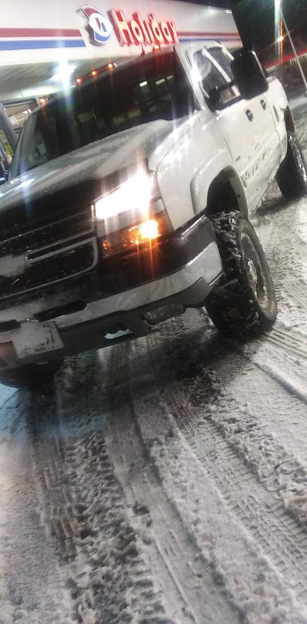 Duramax, white lifted pickup truck, glowing headlights, HD Phone Wallpaper