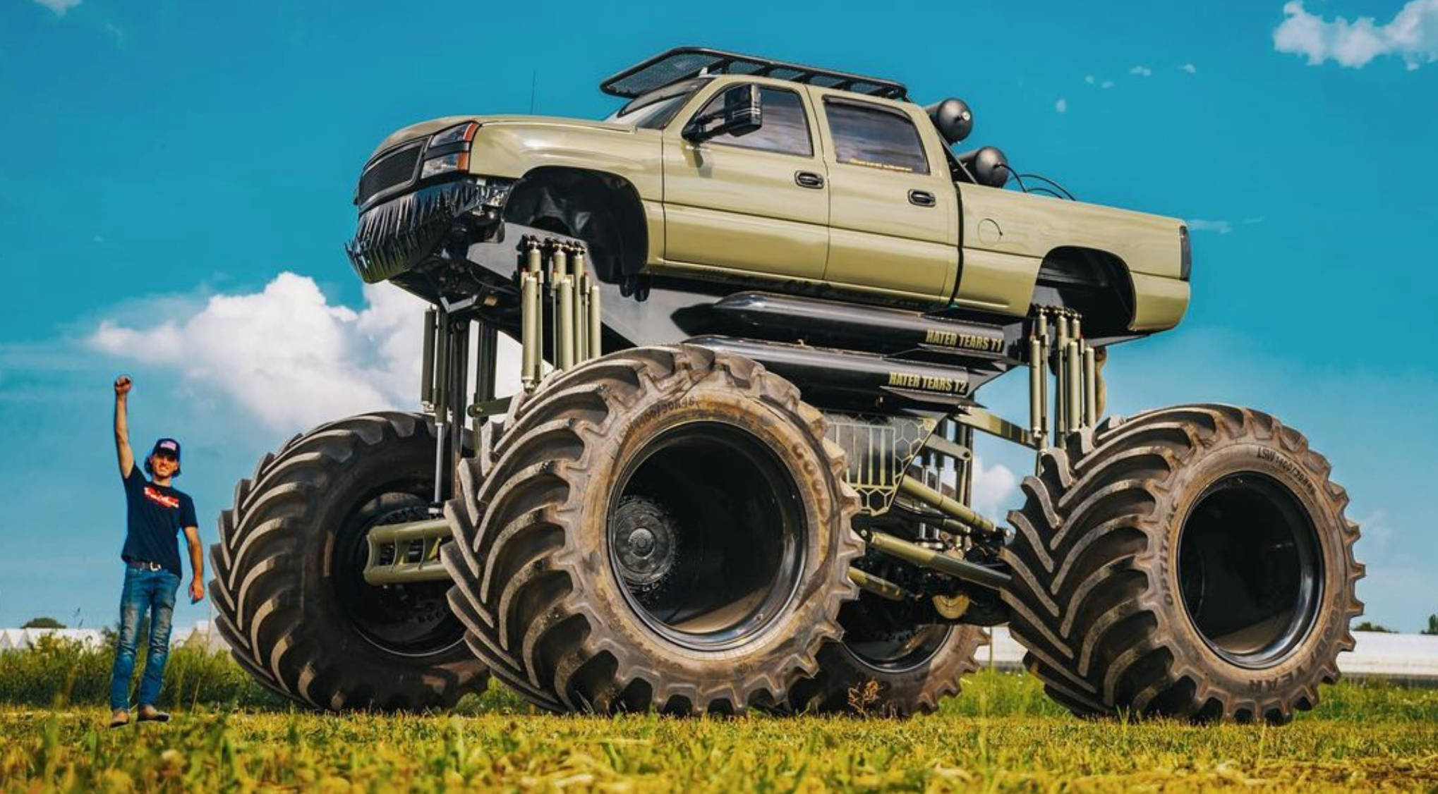 Duramax, giant tan monster truck, massive treaded tires, Full HD Desktop Wallpaper