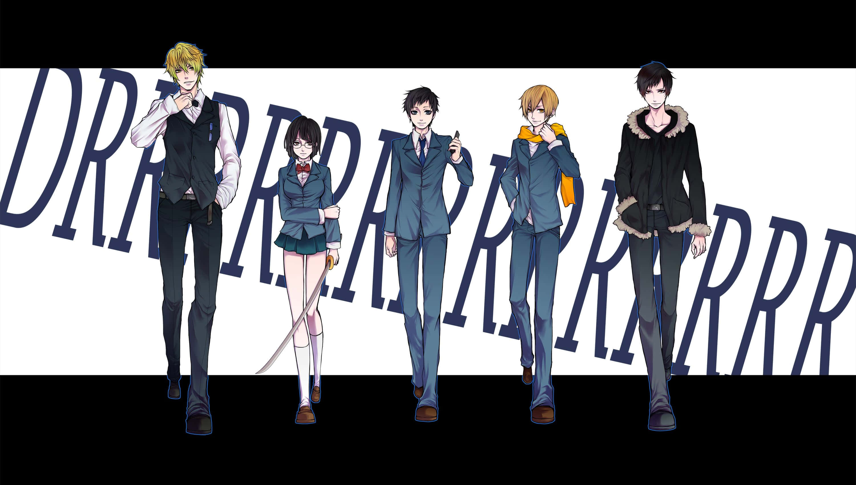 Durarara!, school and casual attire, bold stylized text background, 2K Desktop Wallpaper