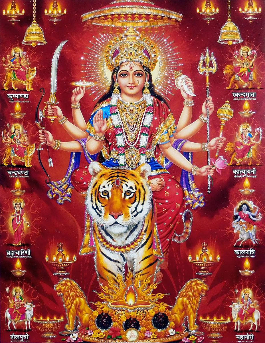 Durga Devi, tiger, gold, SD Phone Wallpaper