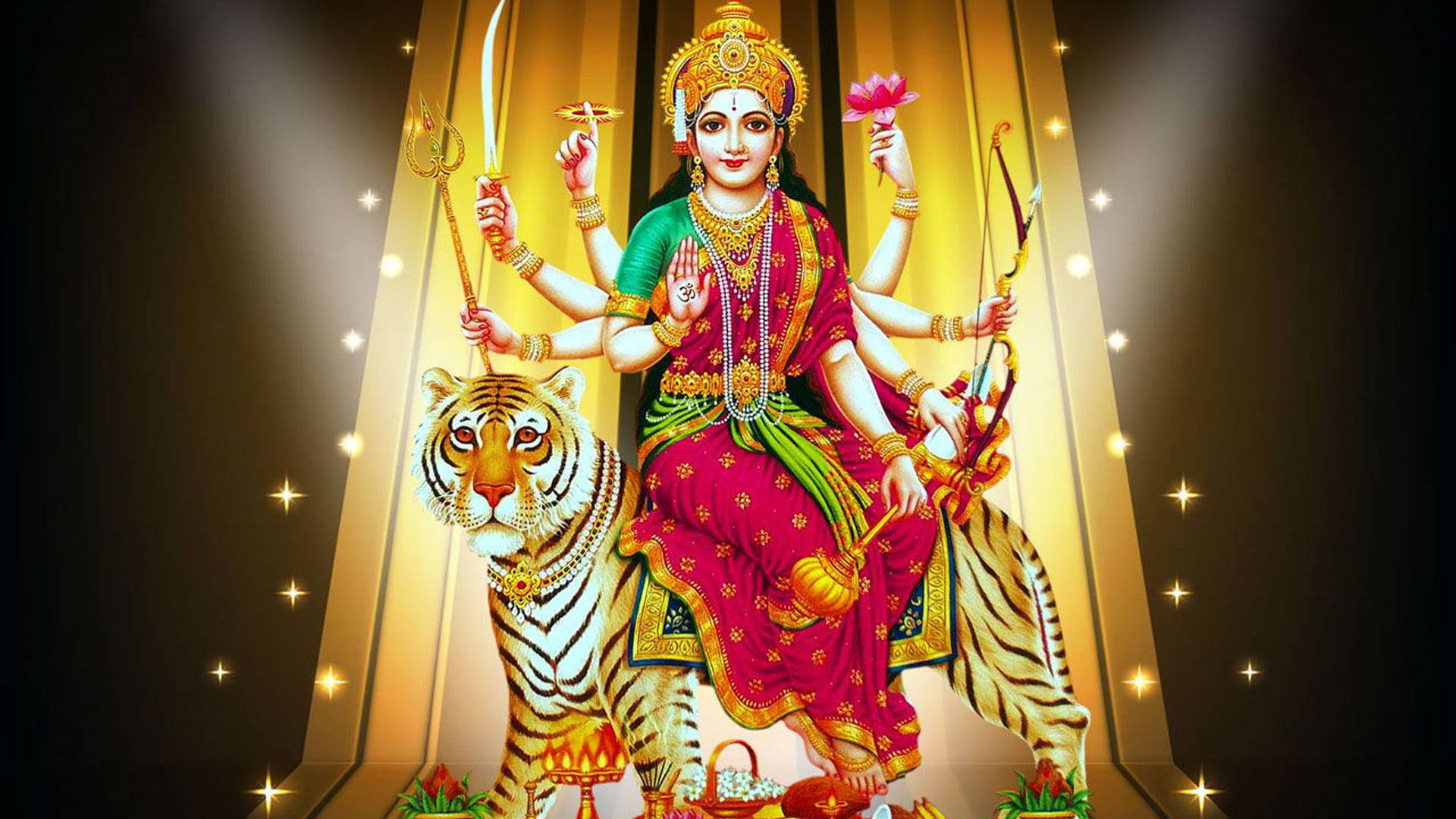 Durga Devi, tiger, ten arms, Full HD Desktop Wallpaper
